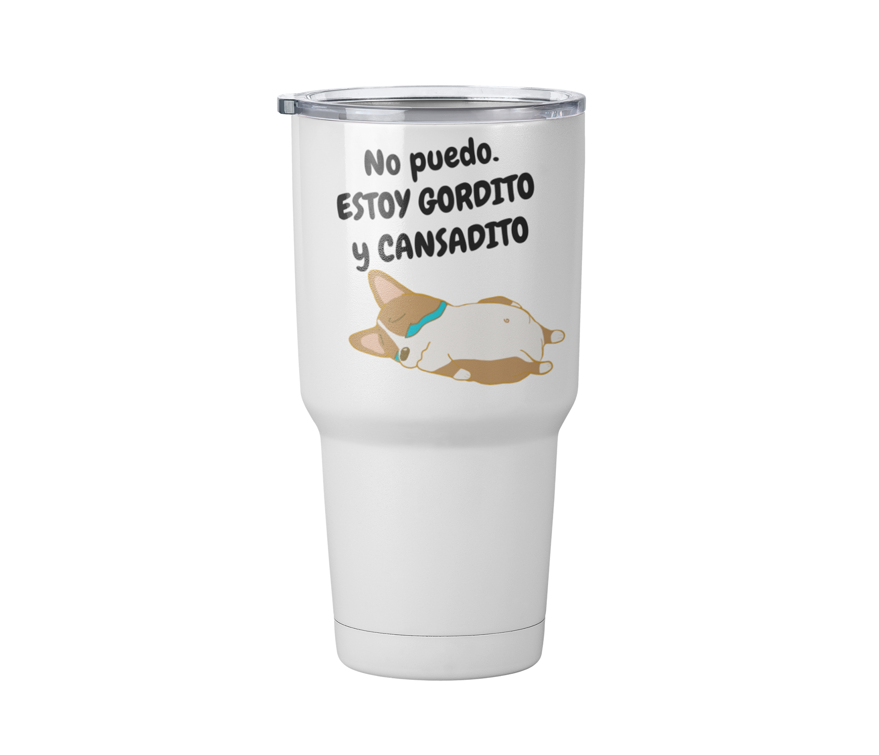 Termo dog no puedo estoy gordito y cansado | perrito llorando cafe | Blanco Acero | frase meme divertido | Viajero Metálico 30 oz l Personaje