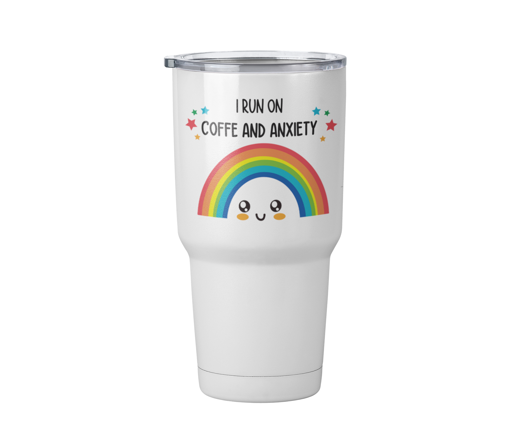 Termo arcoiris i run on coffe | Blanco Acero | frase meme divertido | Viajero Metálico 30 oz l Personaje