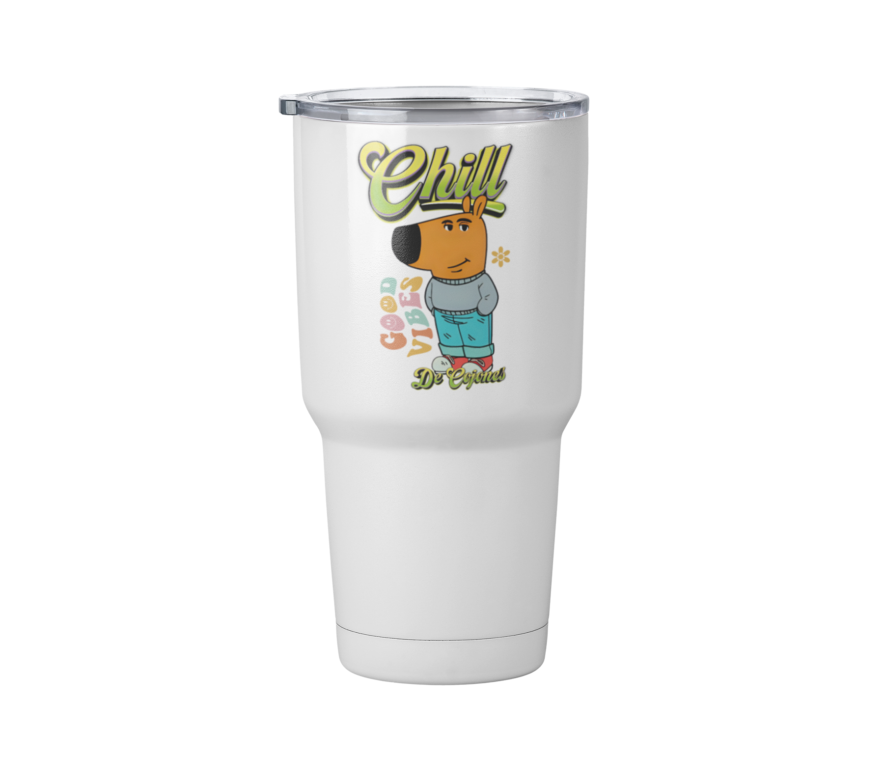 Termo chill good vibes | Blanco Acero | frase meme divertido | Viajero Metálico 30 oz