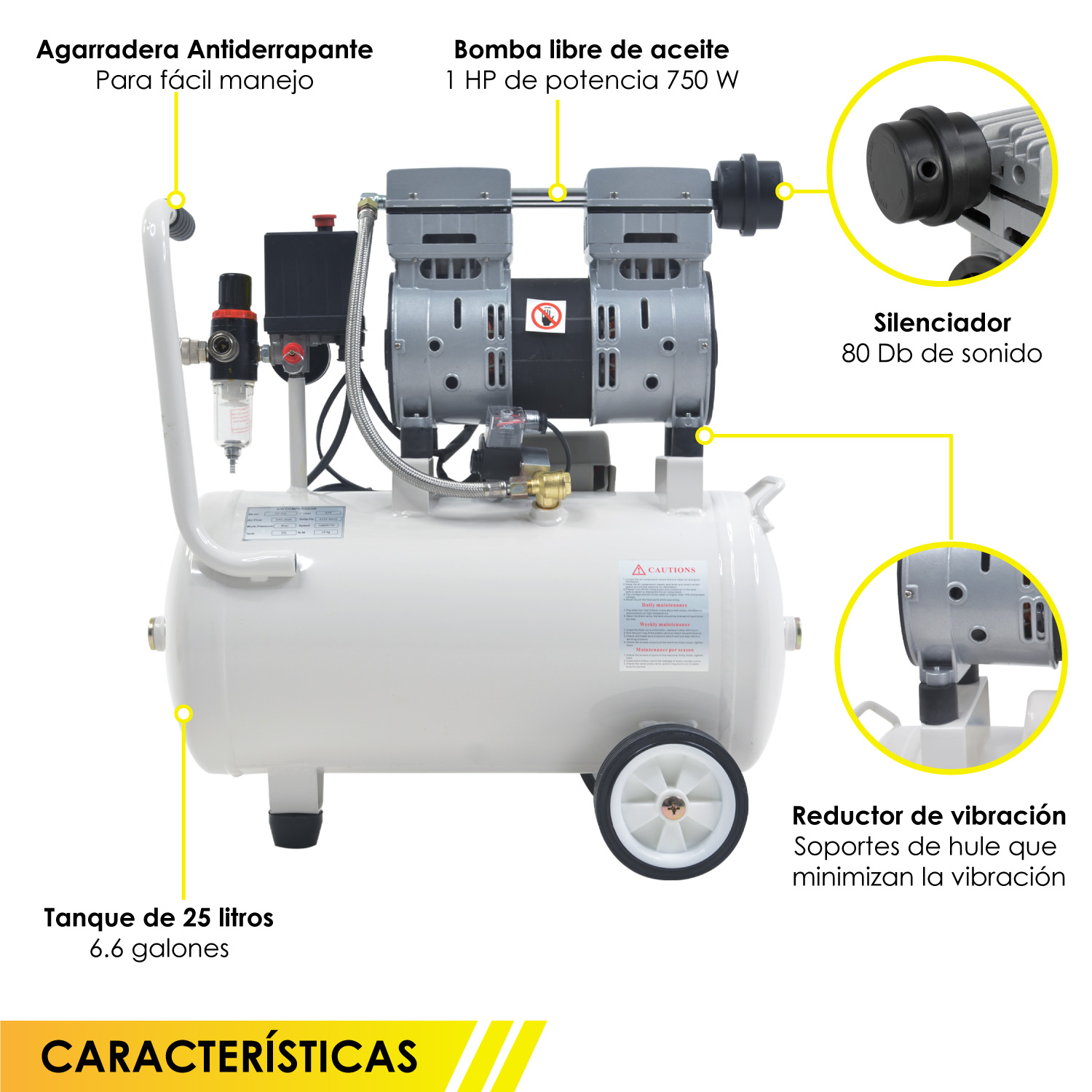 Compresor Aire Electrico Portatil 25L Silencioso 1hp 116 psi  Tanque Portatil Libre de Aceite 2 Pistones Gutstark