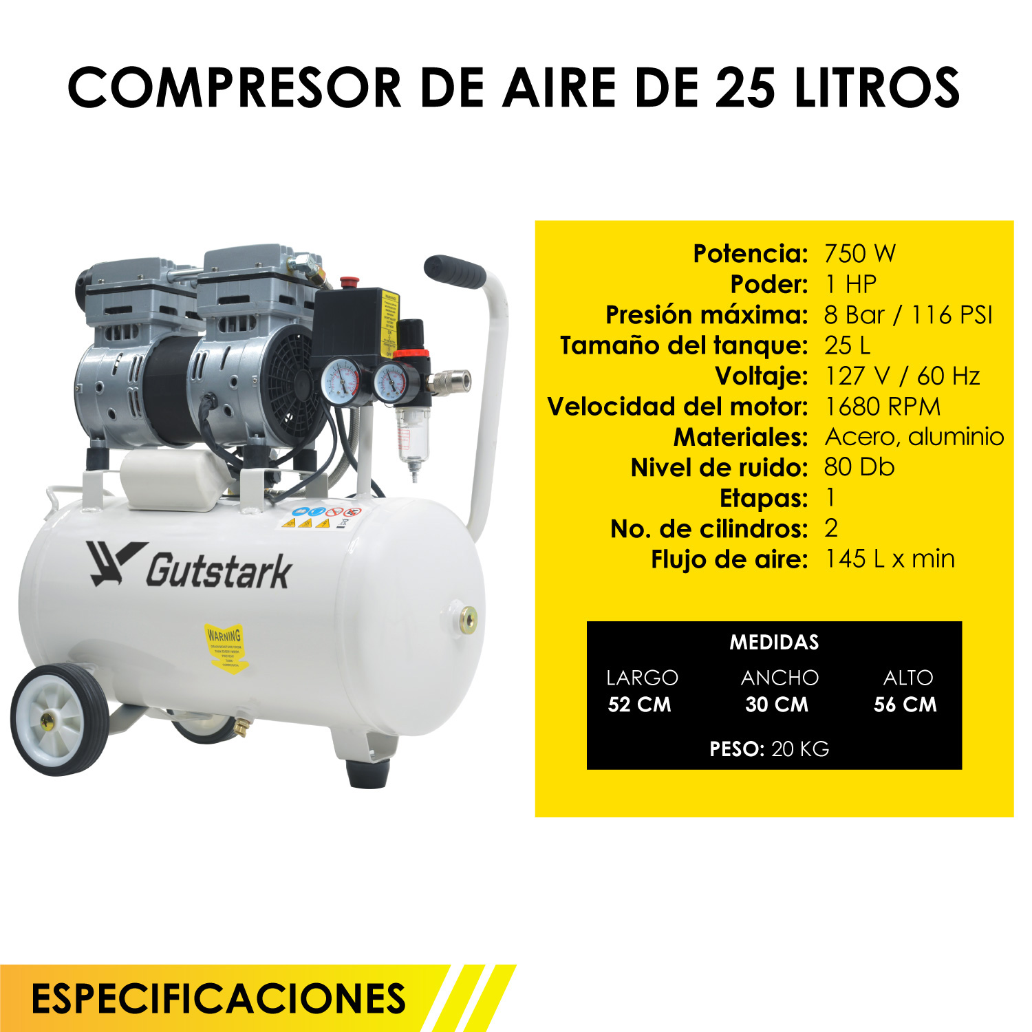 Compresor Aire Electrico Portatil 25L Silencioso 1hp 116 psi  Tanque Portatil Libre de Aceite 2 Pistones Gutstark