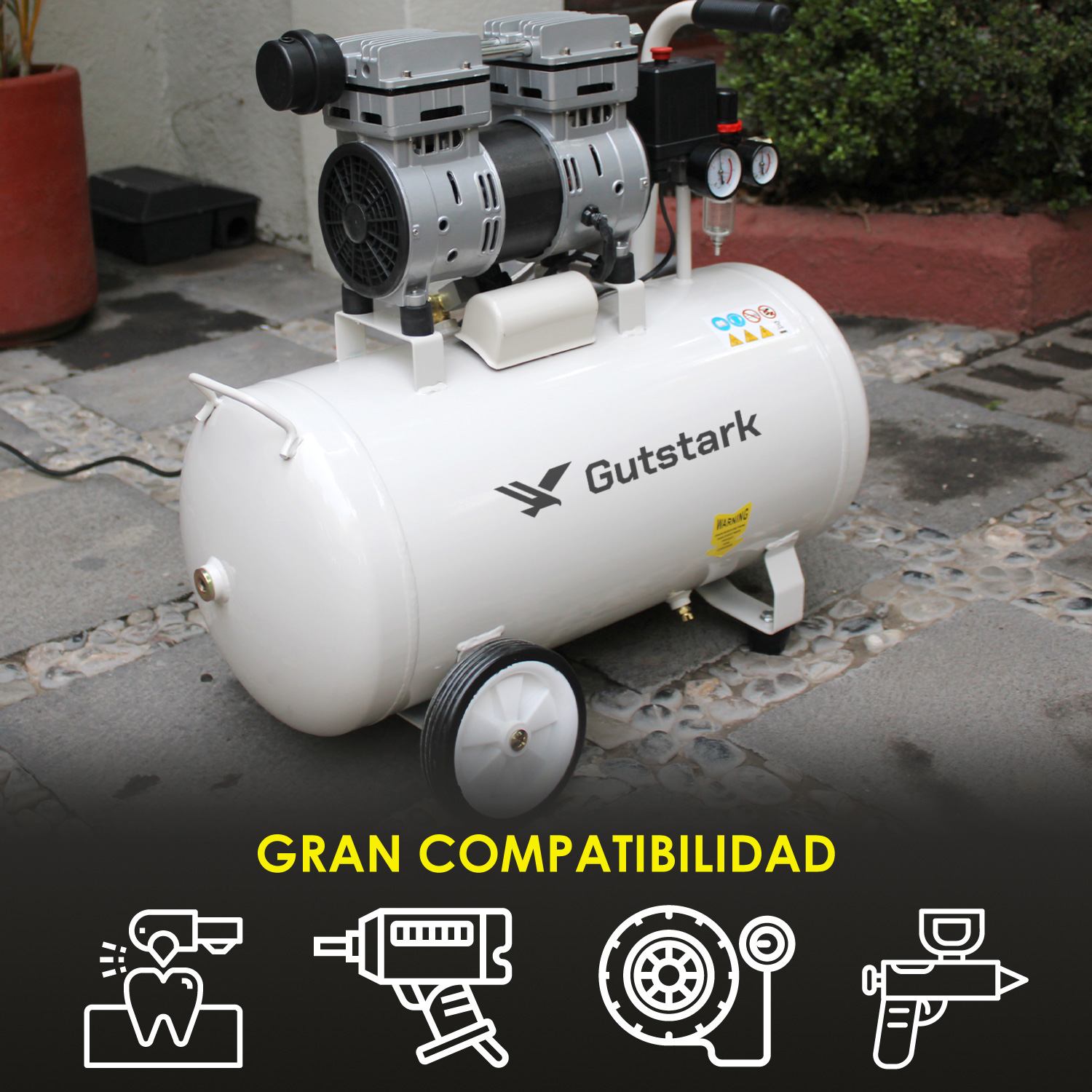 Compresor Aire Electrico Portatil 25L Silencioso 1hp 116 psi  Tanque Portatil Libre de Aceite 2 Pistones Gutstark