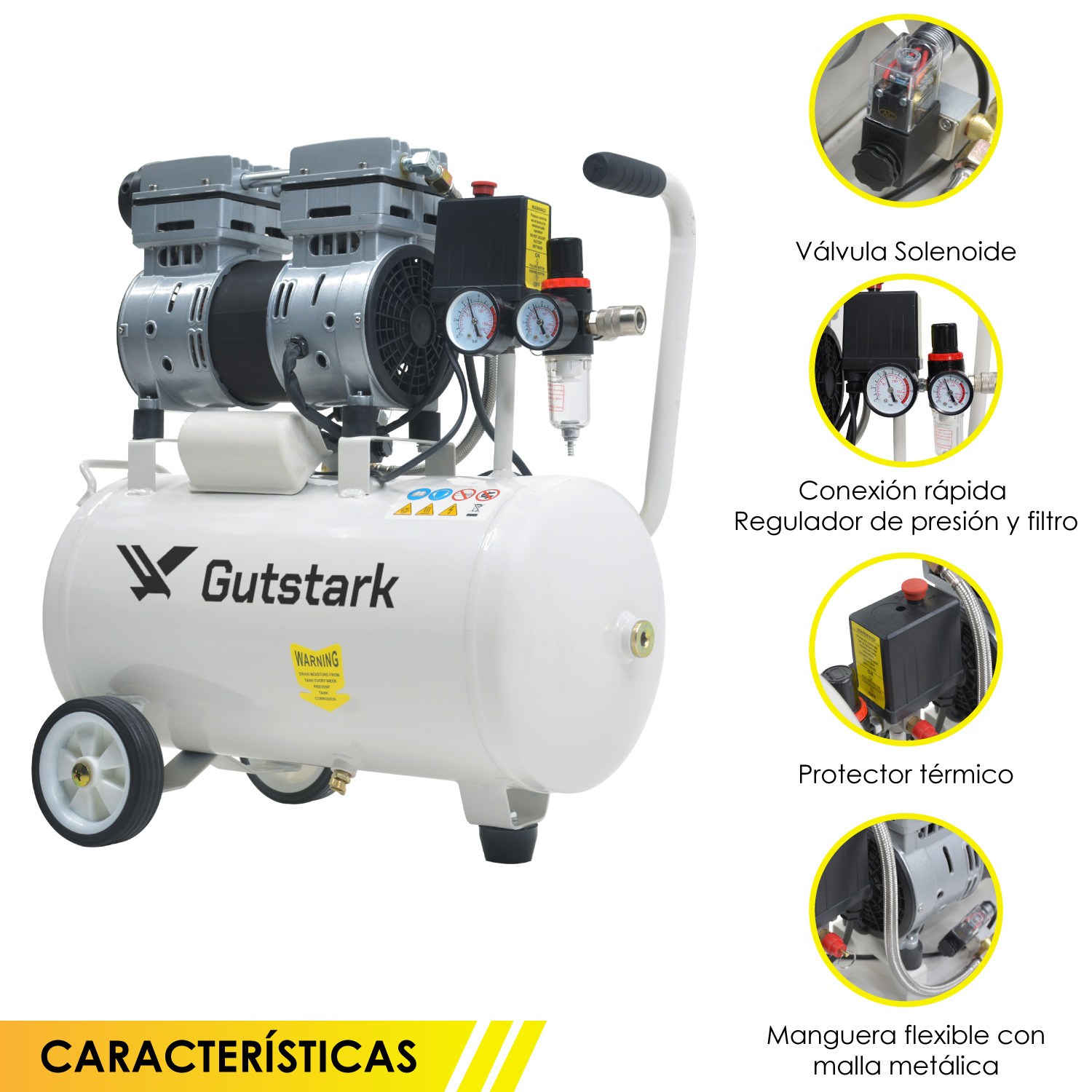 Compresor Aire Electrico Portatil 25L Silencioso 1hp 116 psi  Tanque Portatil Libre de Aceite 2 Pistones Gutstark