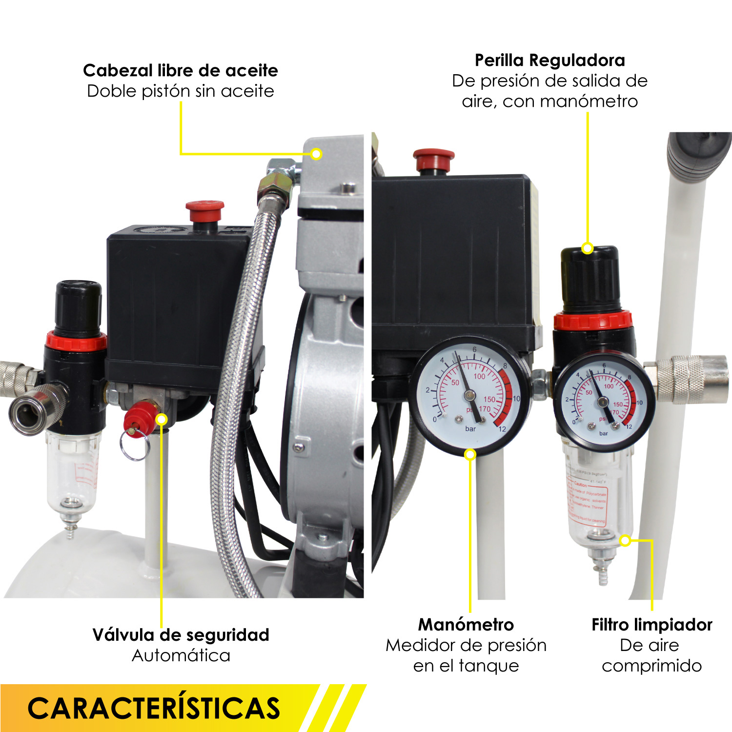 Compresor Aire Electrico 50L Silencioso 1hp 116 psi Tanque Portatil Libre de Aceite 750 W  1680 RPM Gutstark