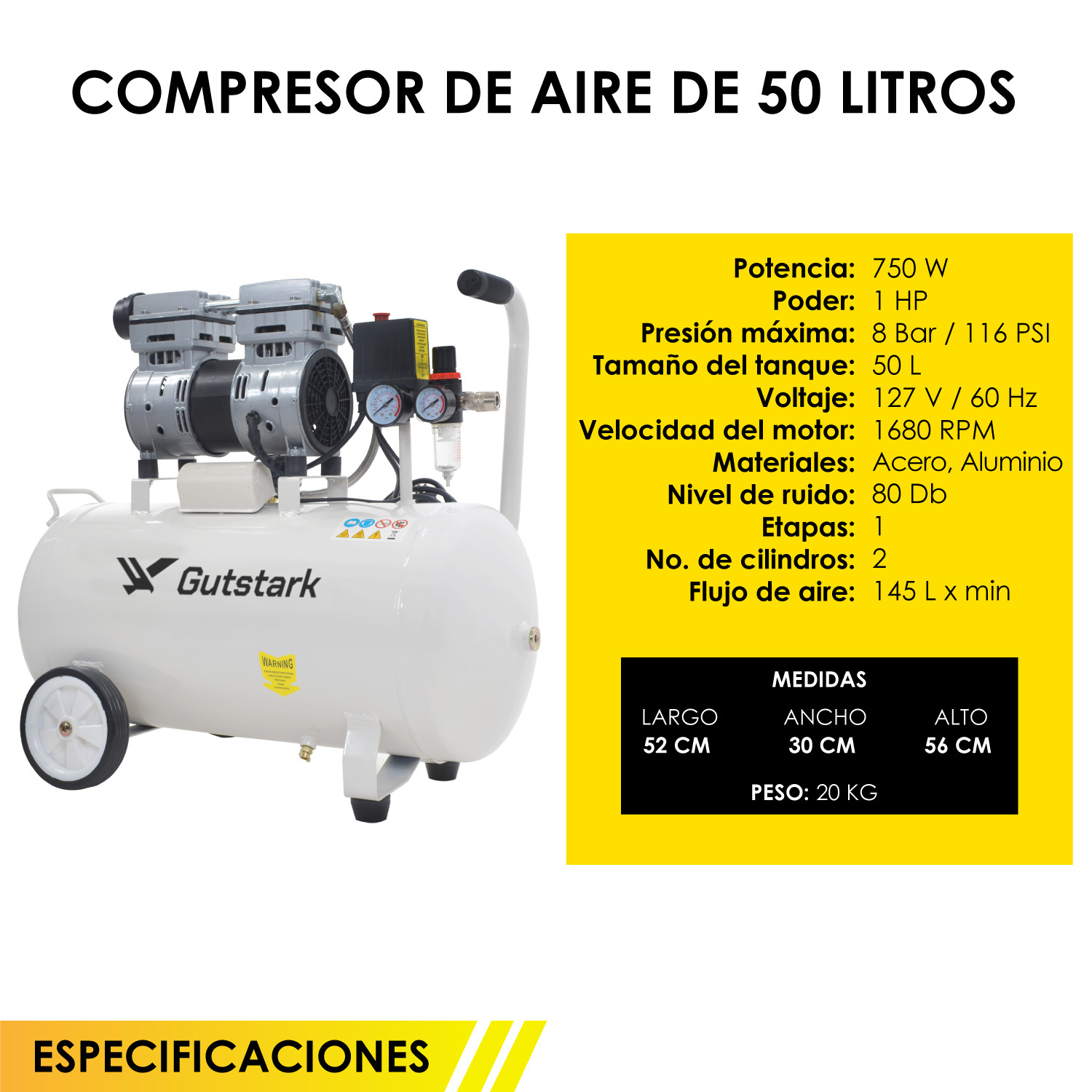 Compresor Aire Electrico 50L Silencioso 1hp 116 psi Tanque Portatil Libre de Aceite 750 W  1680 RPM Gutstark