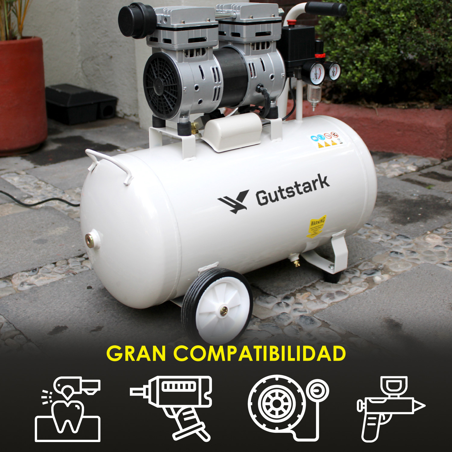 Compresor Aire Electrico 50L Silencioso 1hp 116 psi Tanque Portatil Libre de Aceite 750 W  1680 RPM Gutstark