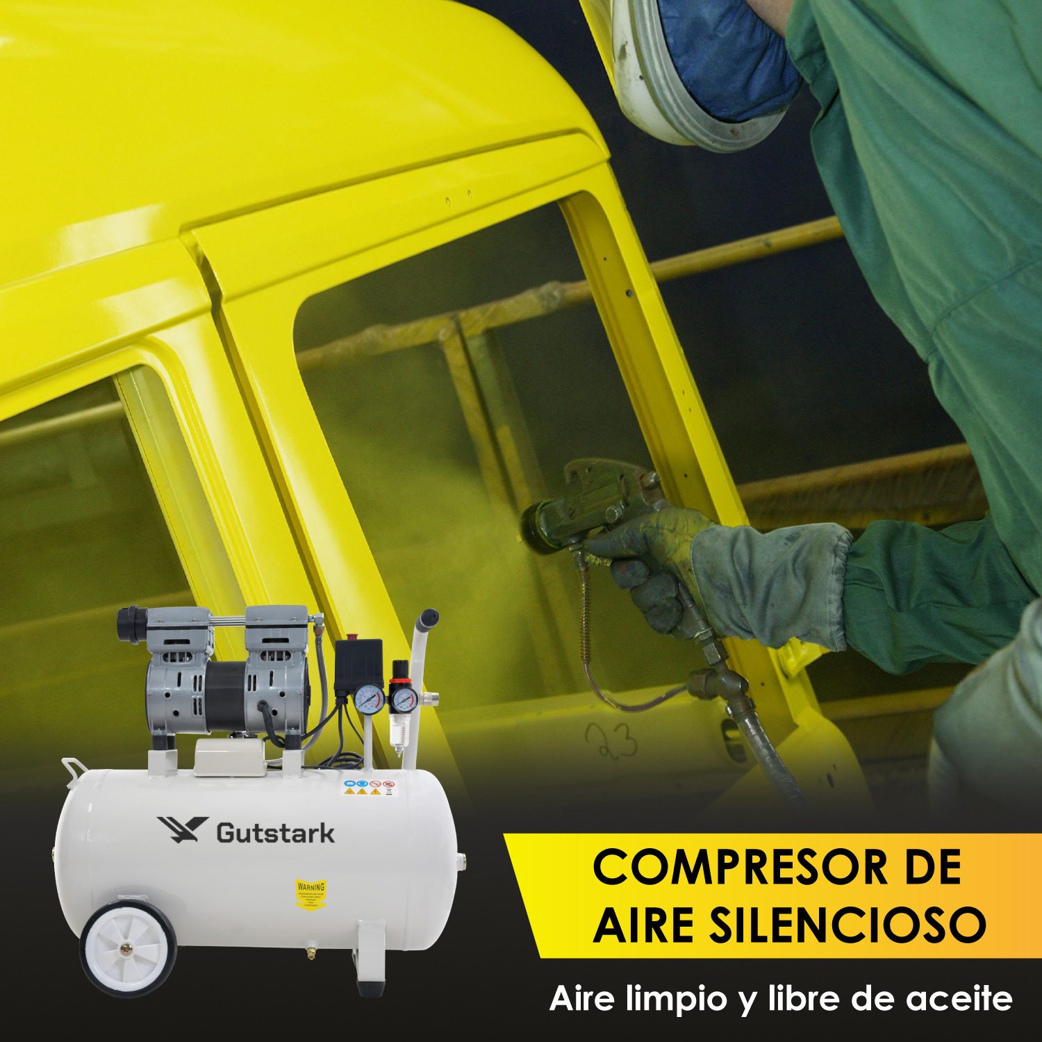 Compresor Aire Electrico 50L Silencioso 1hp 116 psi Tanque Portatil Libre de Aceite 750 W  1680 RPM Gutstark