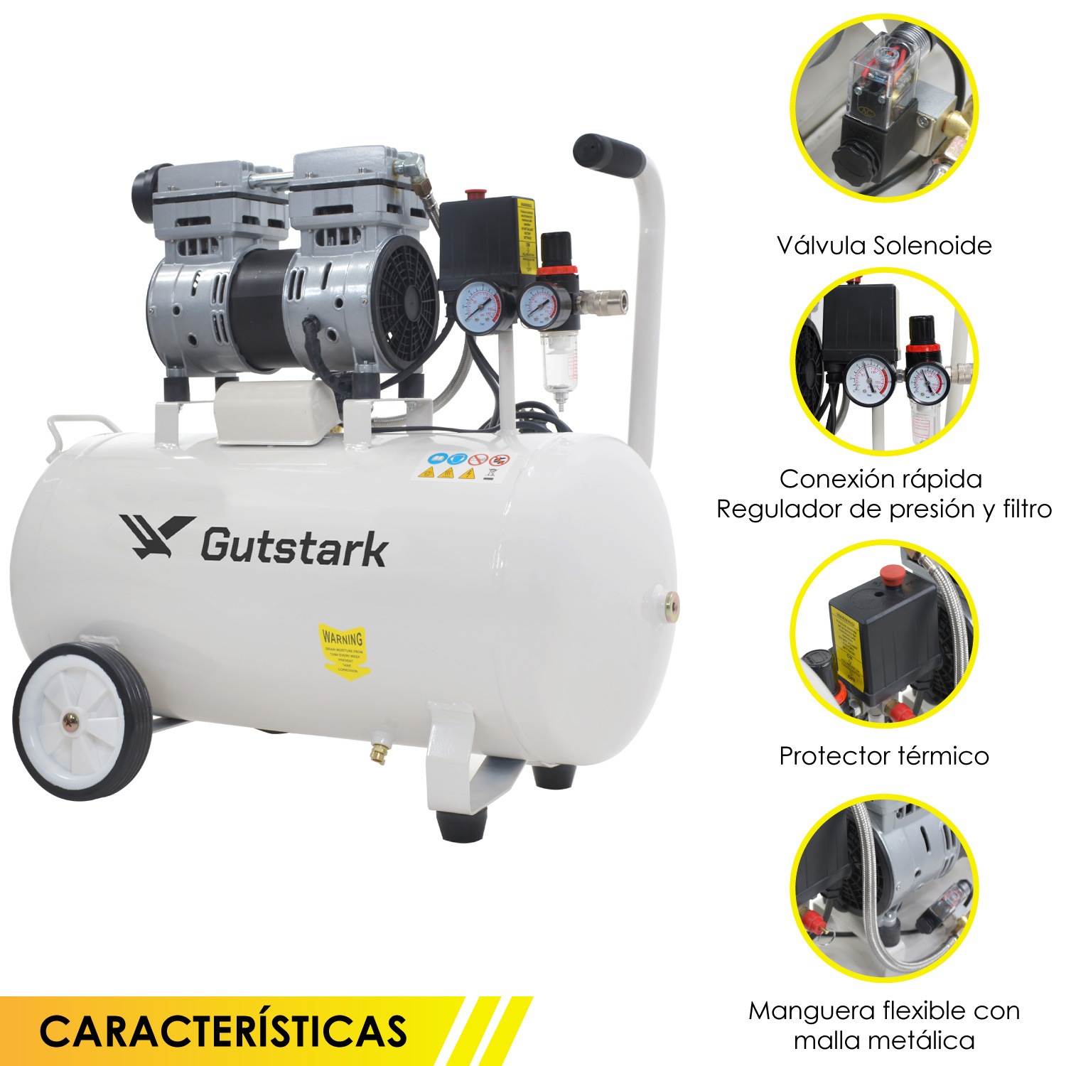 Compresor Aire Electrico 50L Silencioso 1hp 116 psi Tanque Portatil Libre de Aceite 750 W  1680 RPM Gutstark