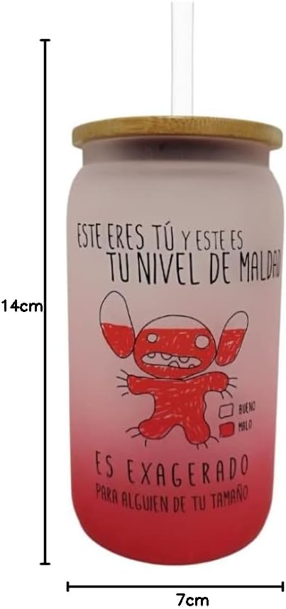 Vaso vidrio glasseado stitch nivel de maldad | lata satinado con popote, rojo | 500 ml | Frase divertida