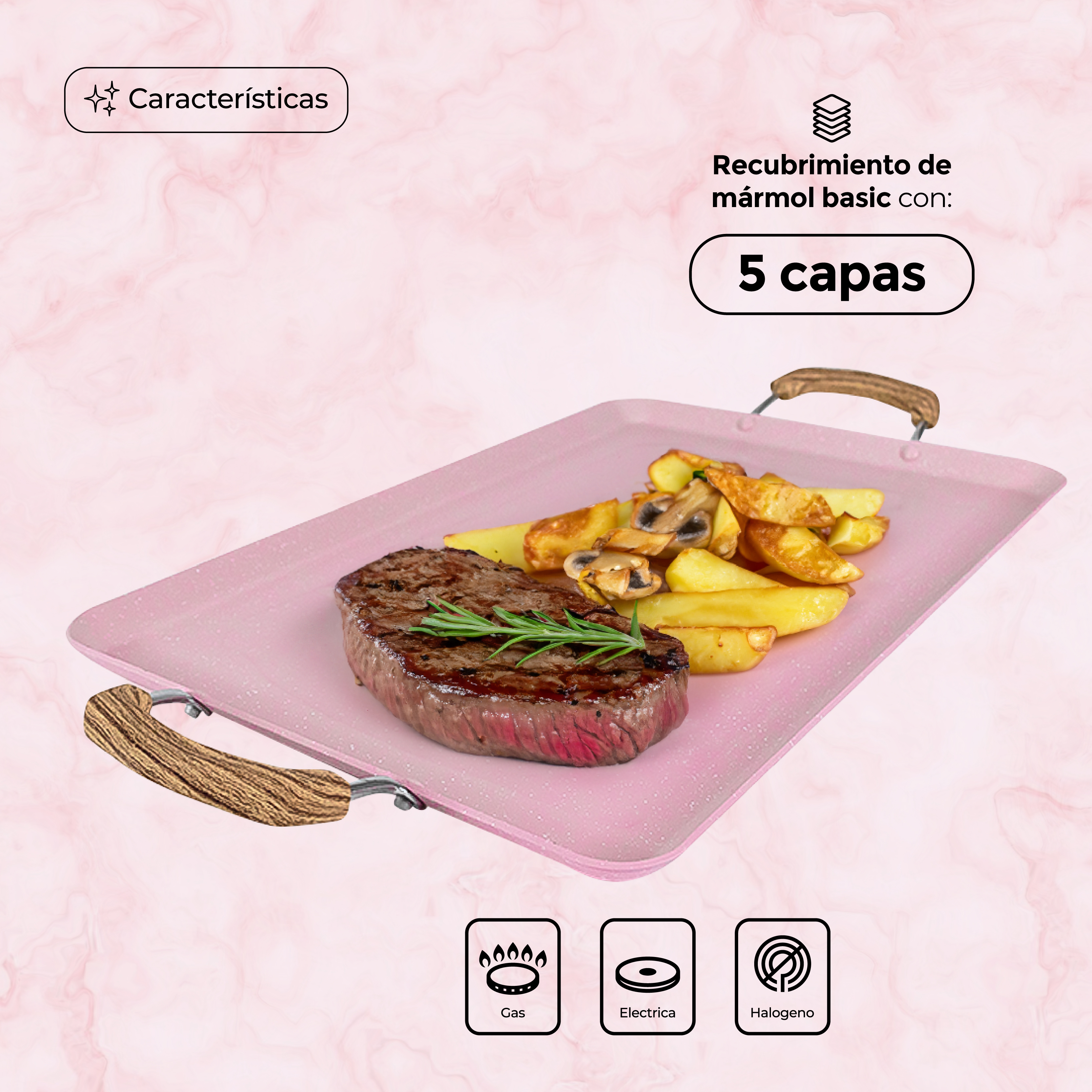 Comal De mármol Antiadherente Rectangular 60 Cm Rosa Pastel