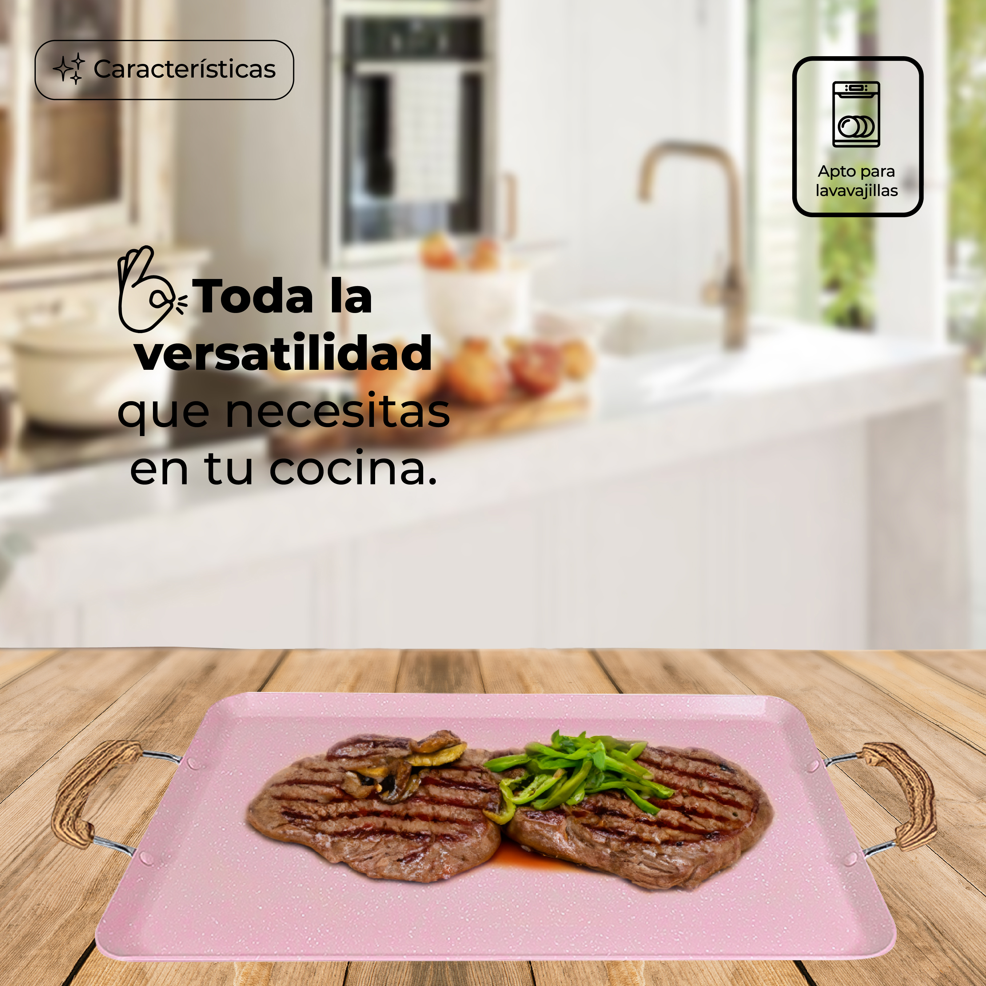 Comal De mármol Antiadherente Rectangular 60 Cm Rosa Pastel