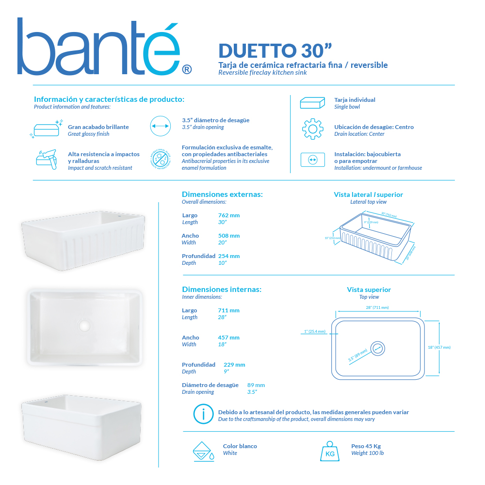 TARJA DE CERAMICA REFRACTARIA FINA REVERSIBLE DUETTO 33"