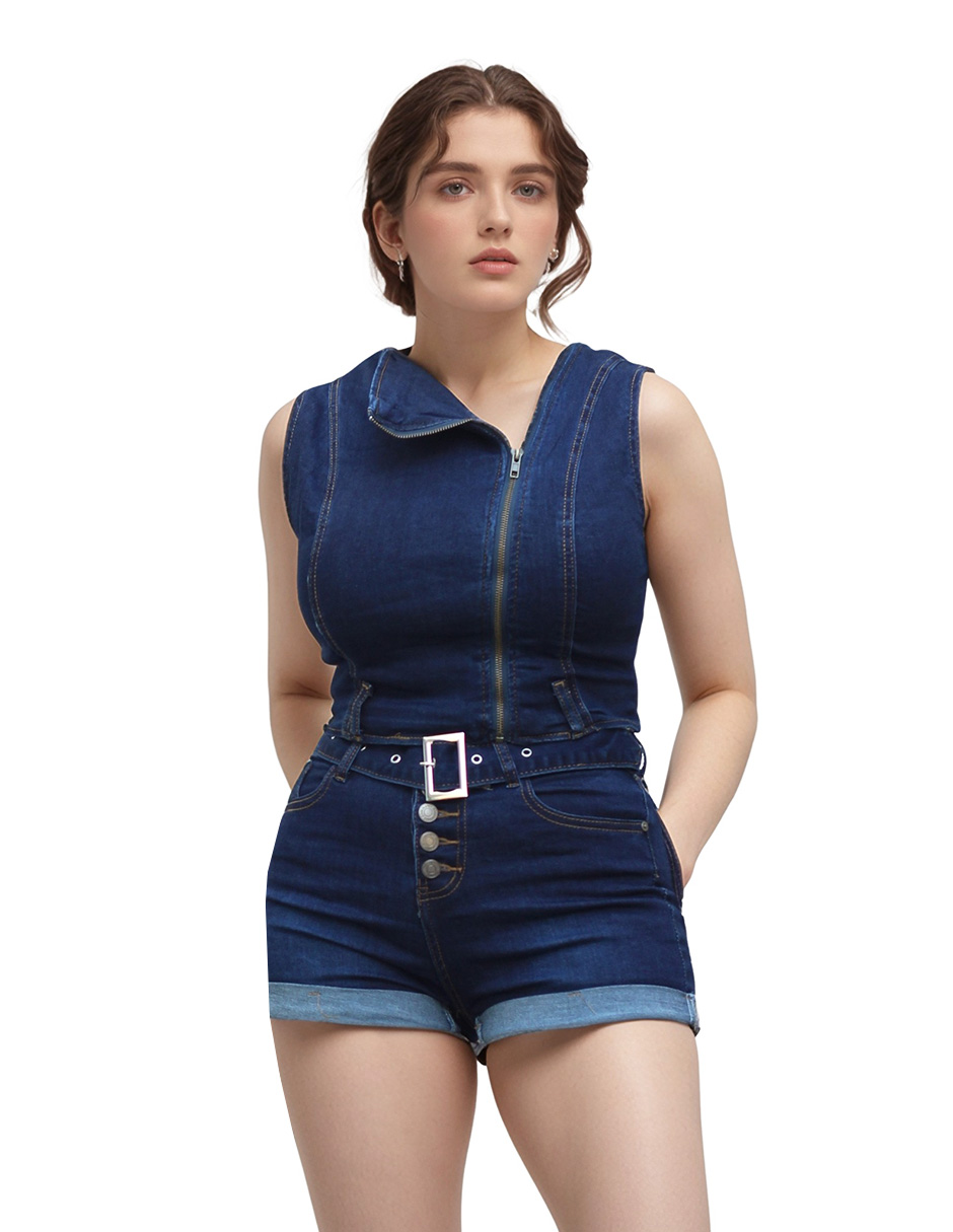 Conjunto casual short y blusa tipo corset de mezclilla para mujer