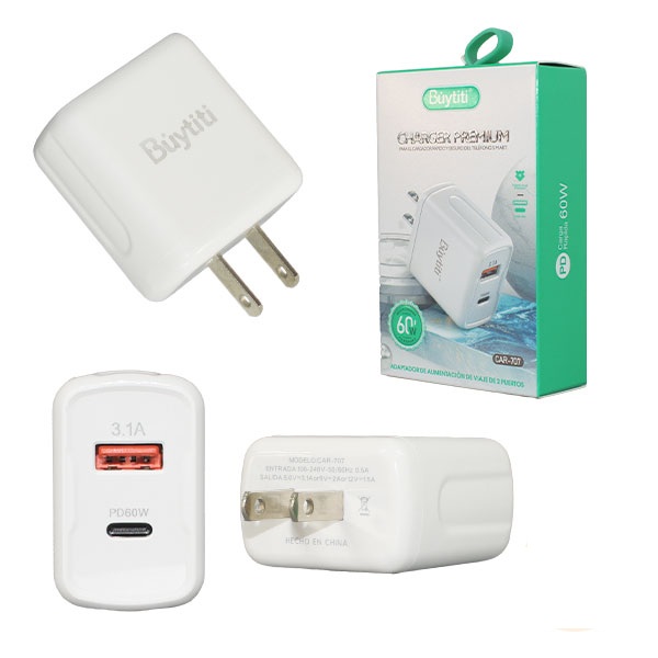 Cargador de Carga Rápida 60w 2 en 1, Cargador USB C y USB A Portátil Carga Rápida, Cargador de Doble Puerto. Compatible con todos los telefonos.