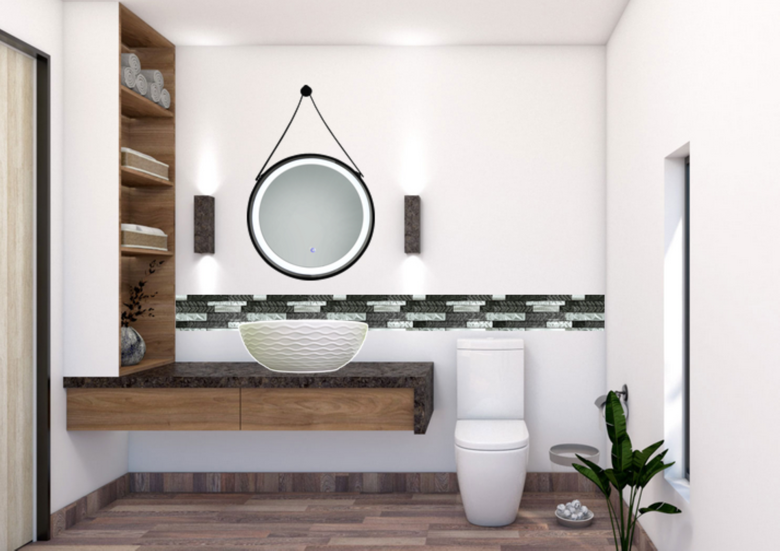 Lavabo Cerámico para Baño KAU, forma redonda color en el exterior blanco mate con textura en alto relieve y acabado rústico, esmalte verde en el interior. De sobreponer con diseño europeo ideal para todo tipo de baños. Dimensiones 400x400x135 mm