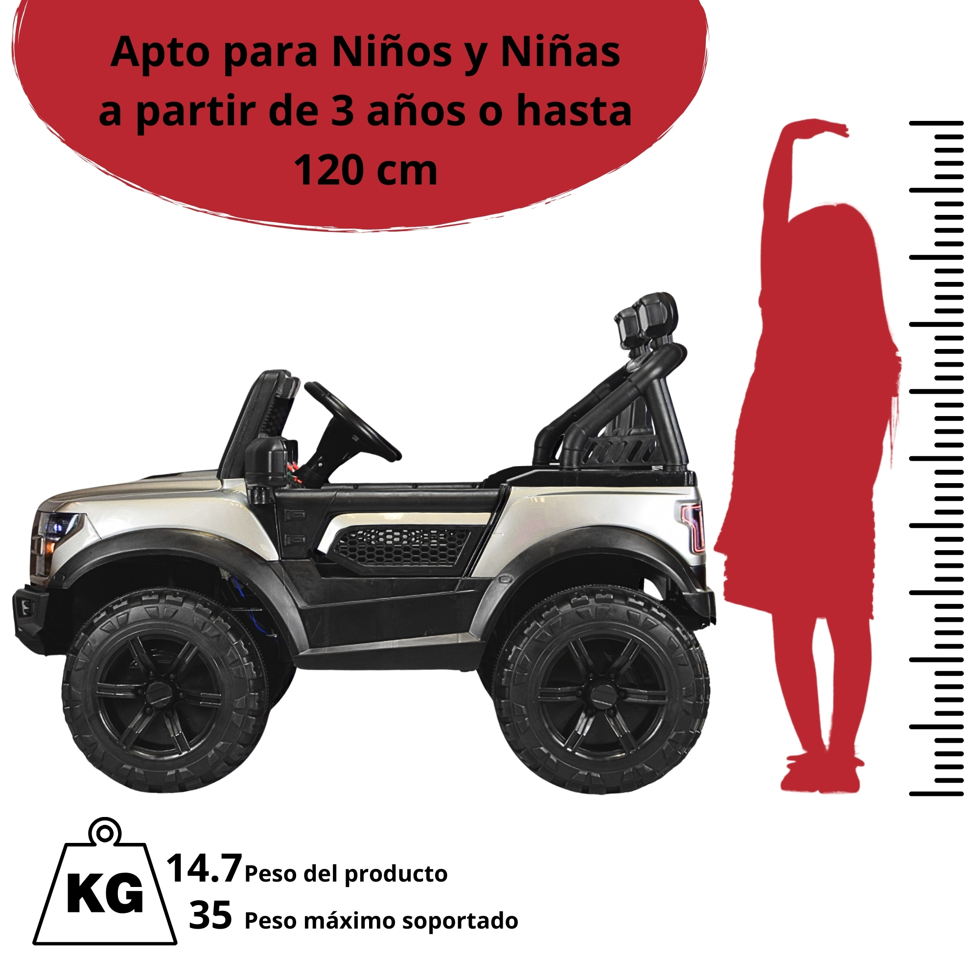 Montable Electrico Raptor para Niños Control Remoto Luz Led 12v - Gris