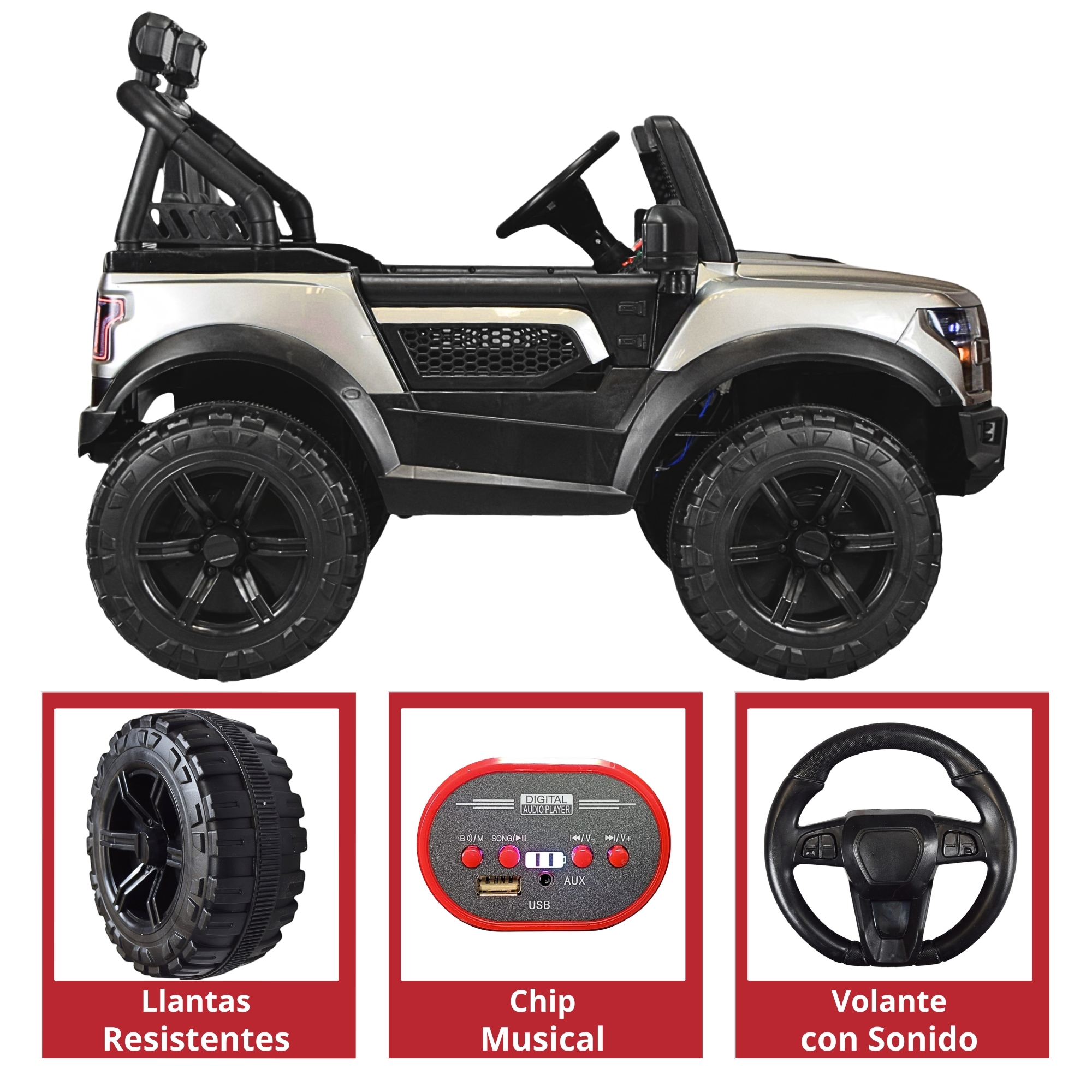 Montable Electrico Raptor para Niños Control Remoto Luz Led 12v - Gris