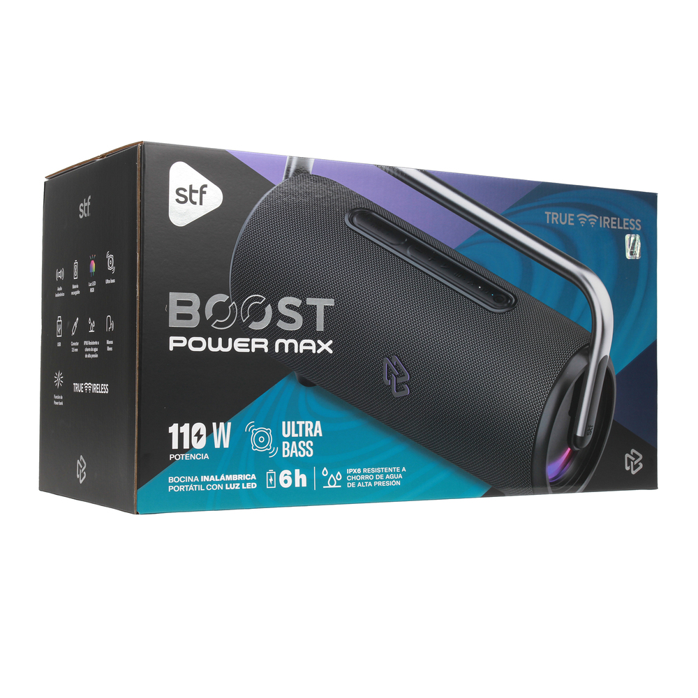 Bocina Inalámbrica portátil STF Boost Power Max  6hrs uso 110W TWS IPX6 + carga dispositivos