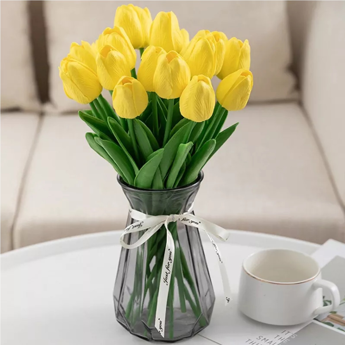 Tulipanes Artificiales Color Degradado 20pcs Para Decoración Amarillo