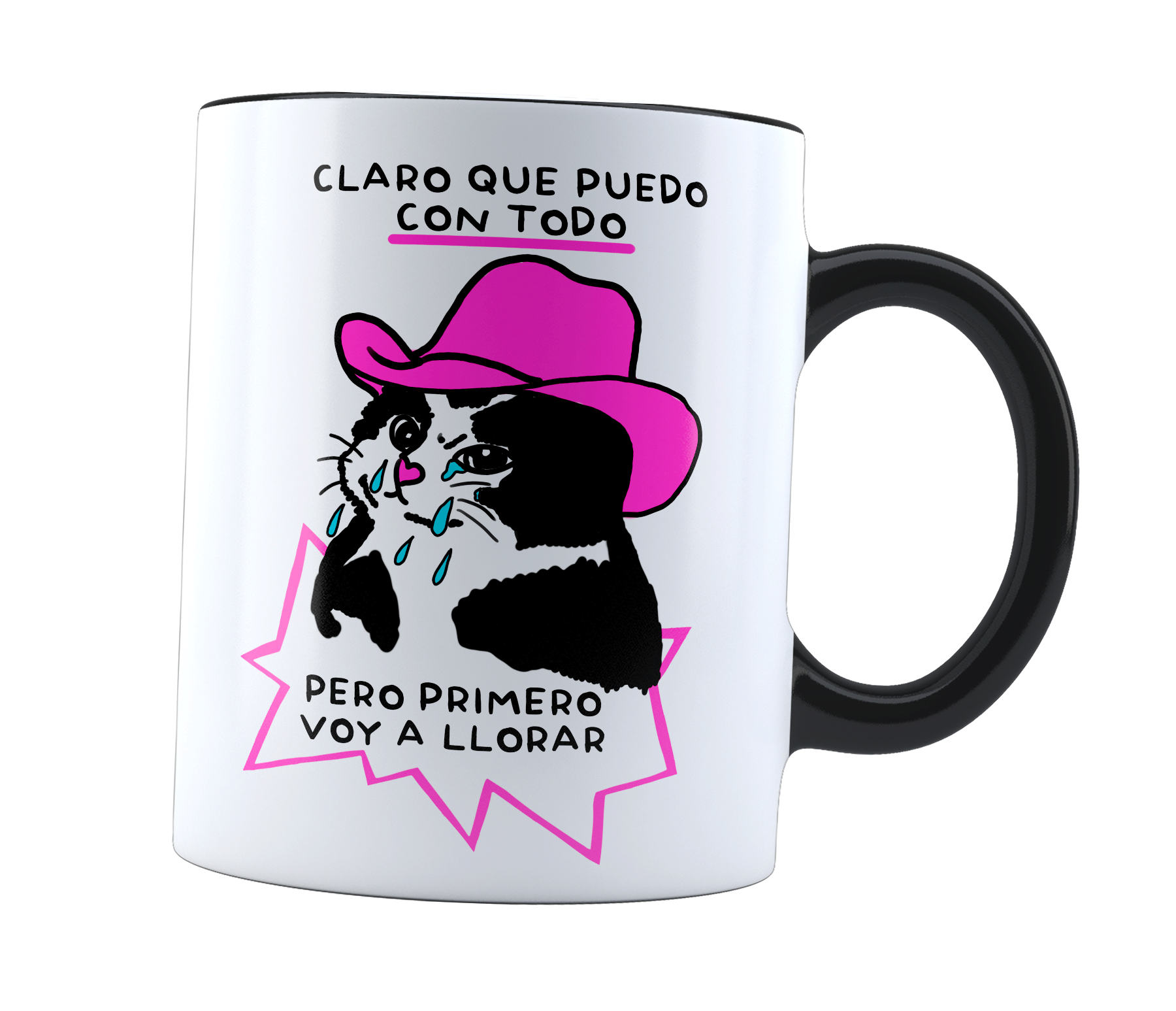 Taza Mágica claro que puedo con todo | pero primero voy a llorar | gato llorando | Frase Meme divertida | Cambia de color | Para Café o té