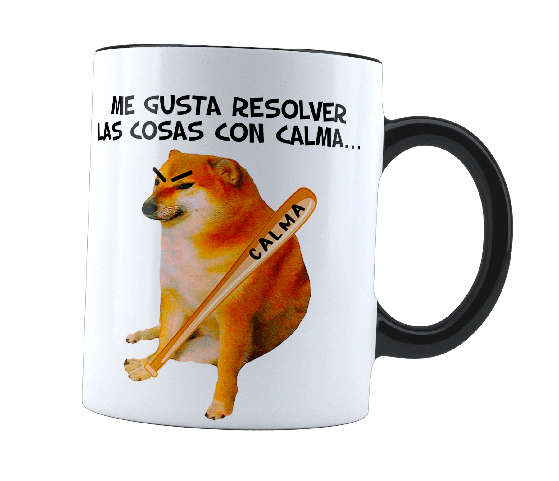 Taza Mágica cheems me gusta resolver todo con calma | perrito doge bat | Frase Meme divertida | Cambia de color | Para Café o té
