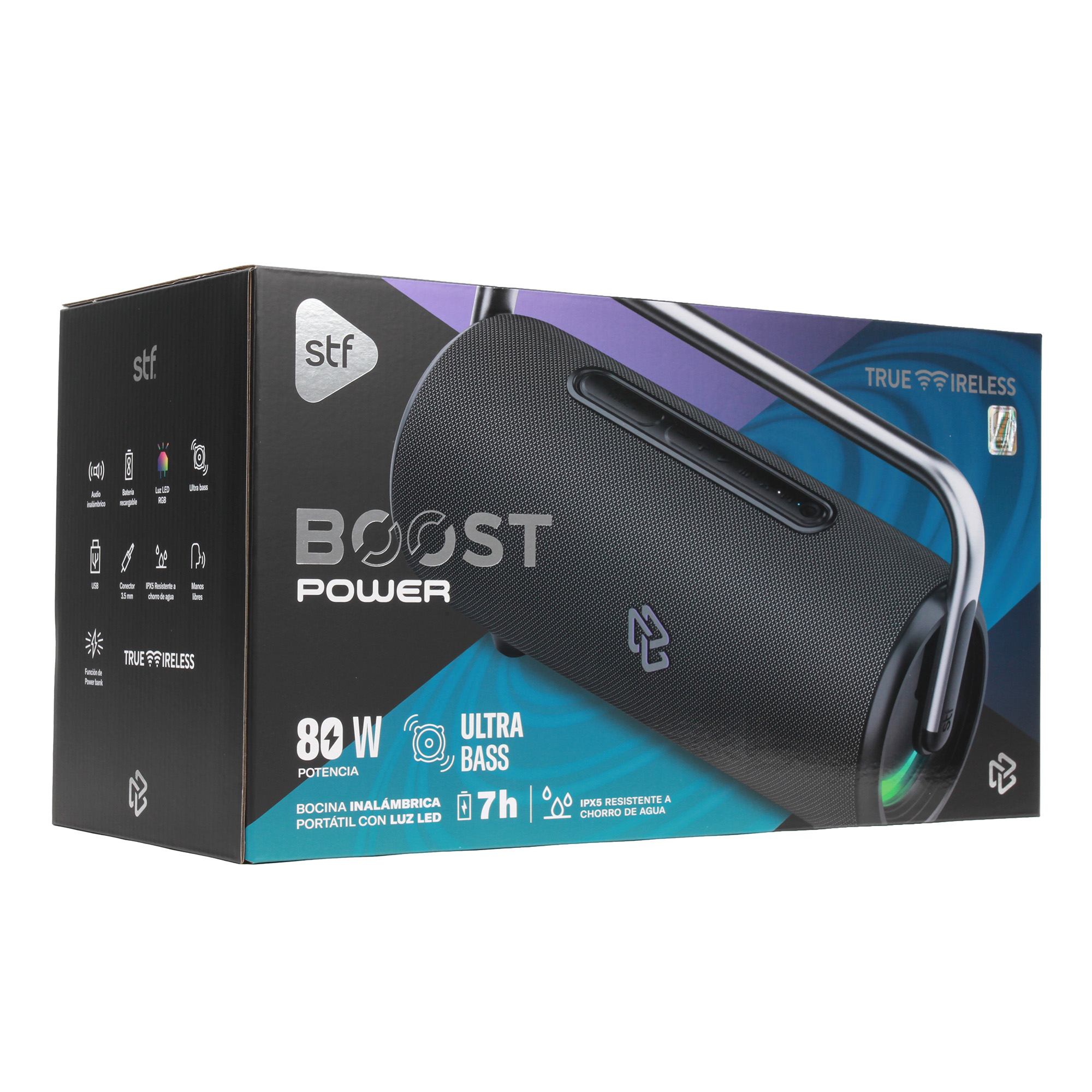 Bocina Inalámbrica portátil  STF Boost Power  7hrs uso 80W función TWS y Powerbank IPX5
