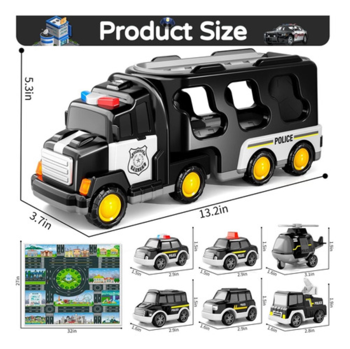 Coche De Policía De Dibujos Animados Coche De Juguete 7 En 1 negro