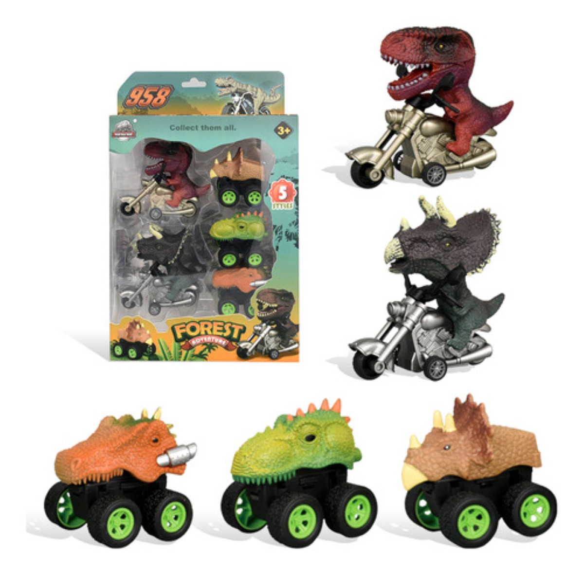 Juguetes De Niños Dinosaurios 5 Carritos Coches Pull-back colores 