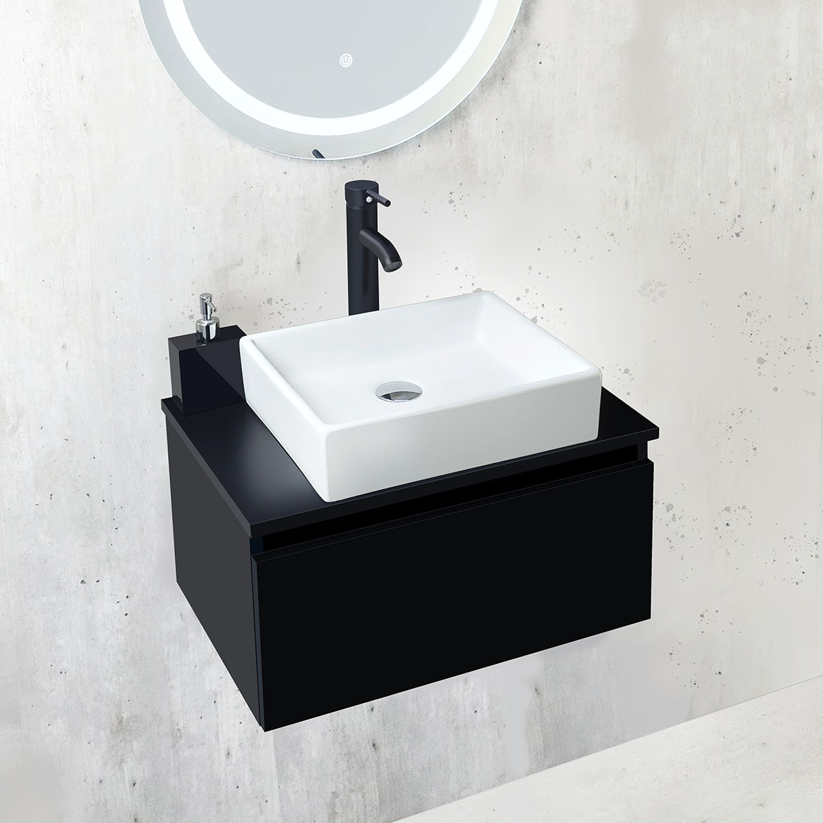 Esatto® Mueble de baño Astra color Negro con lavabo cerámico llave negra desagües listo para instalar