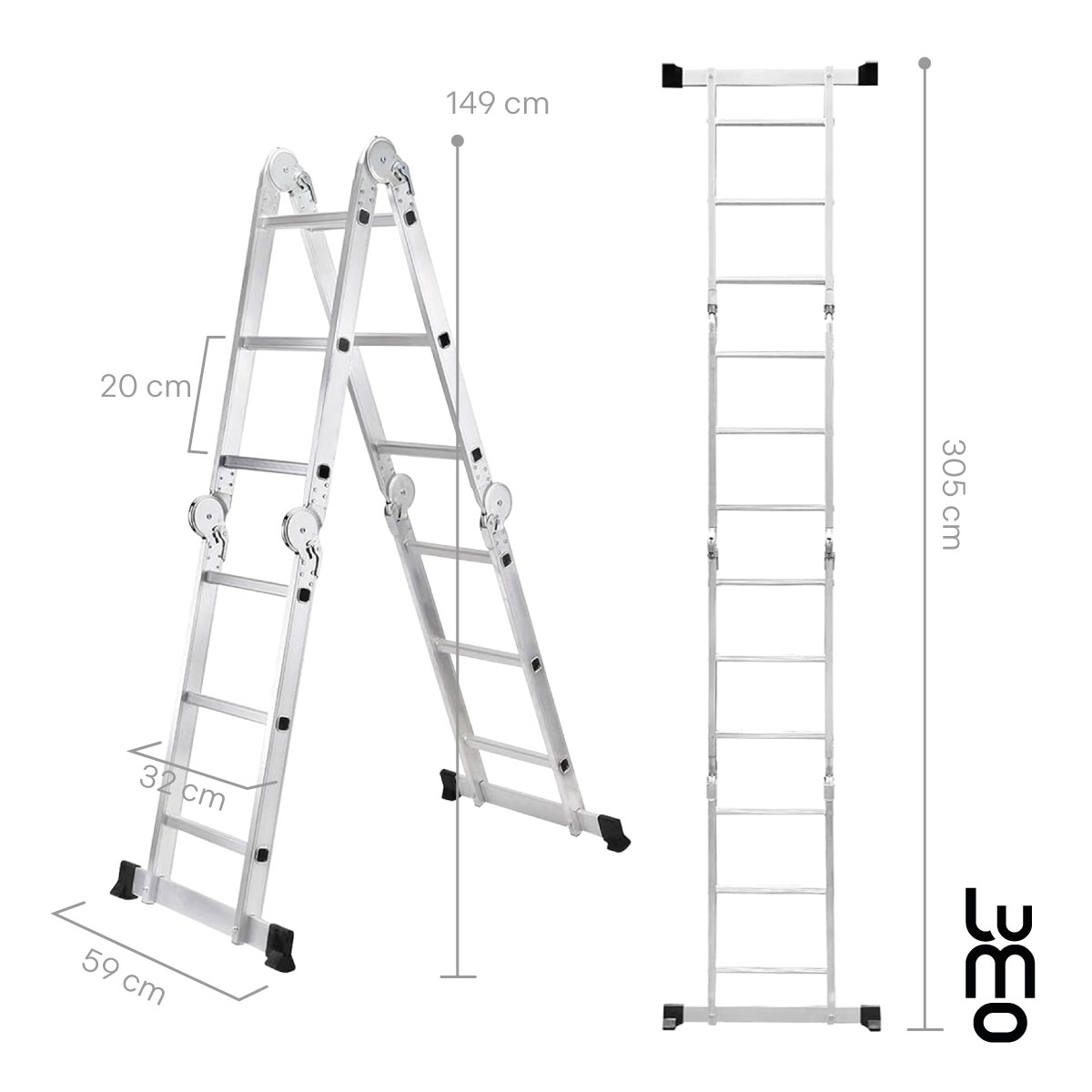 Escalera Multiposiciones 8 en 1 Aluminio 150Kg 12 Peldaños con Charolas