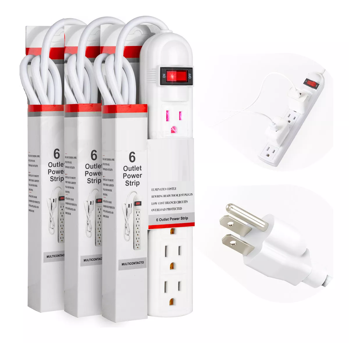 Multicontacto Con 6 Entradas Kit 3 Cable16 Awg. 1800 Watts Color Blanco