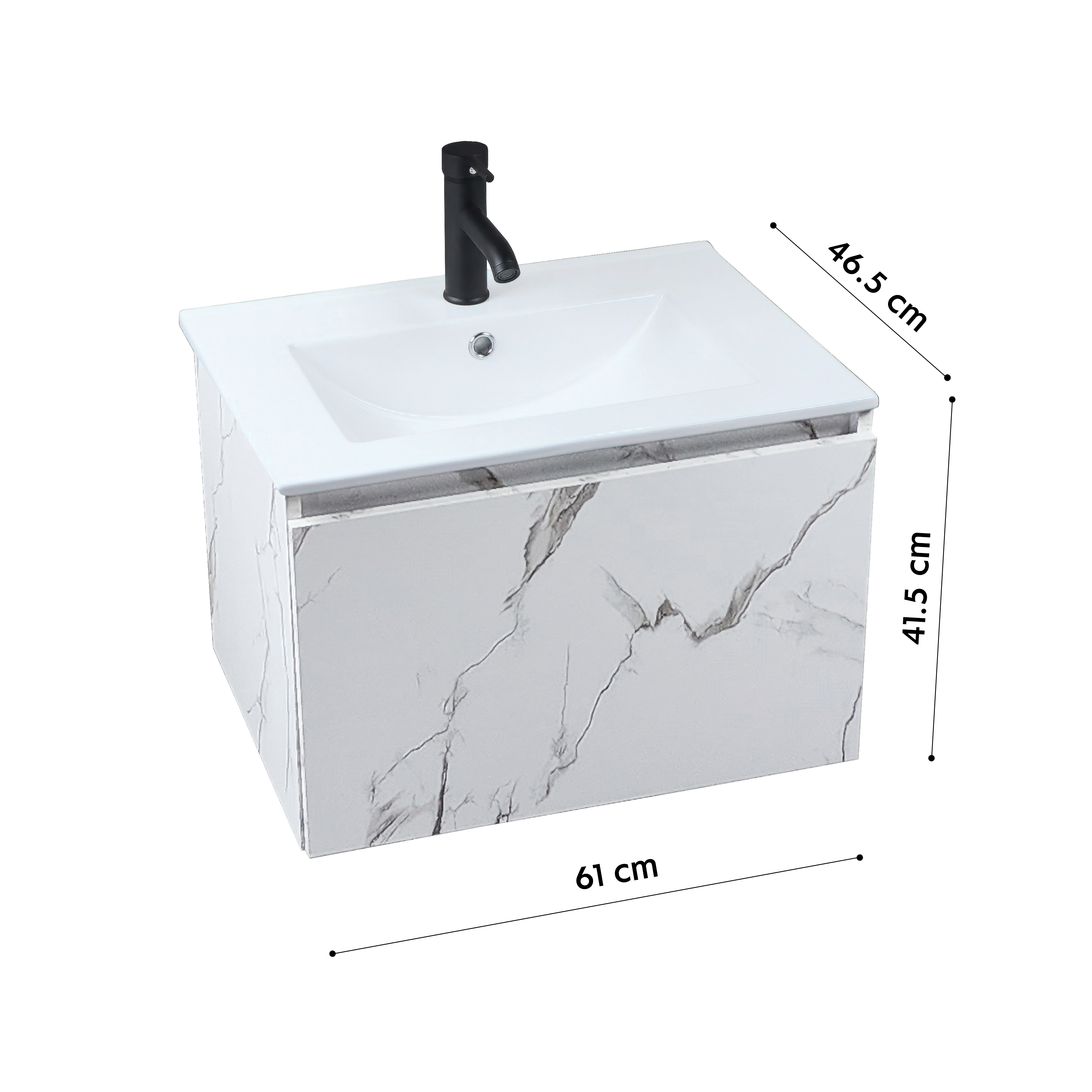 Esatto® Mueble de baño Buna color Mármol Blanco con lavabo cerámico llave negra desagües listo para instalar