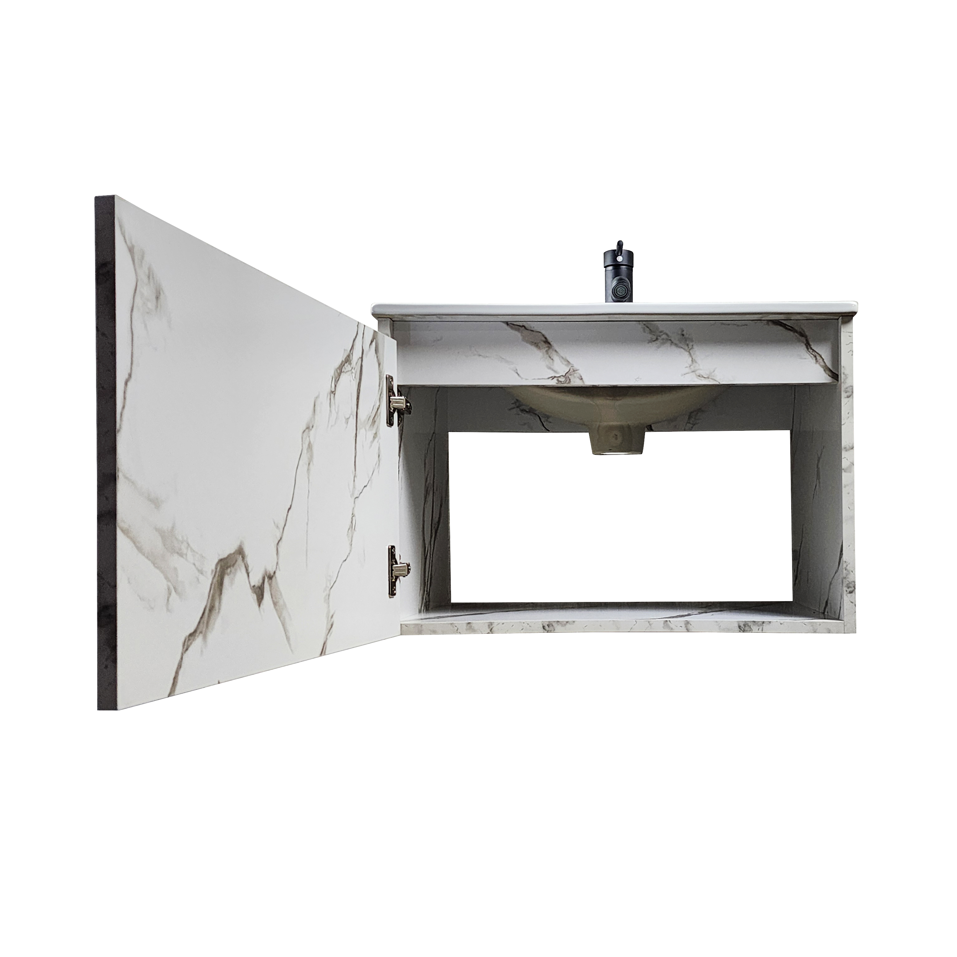 Esatto® Mueble de baño Buna color Mármol Blanco con lavabo cerámico llave negra desagües listo para instalar