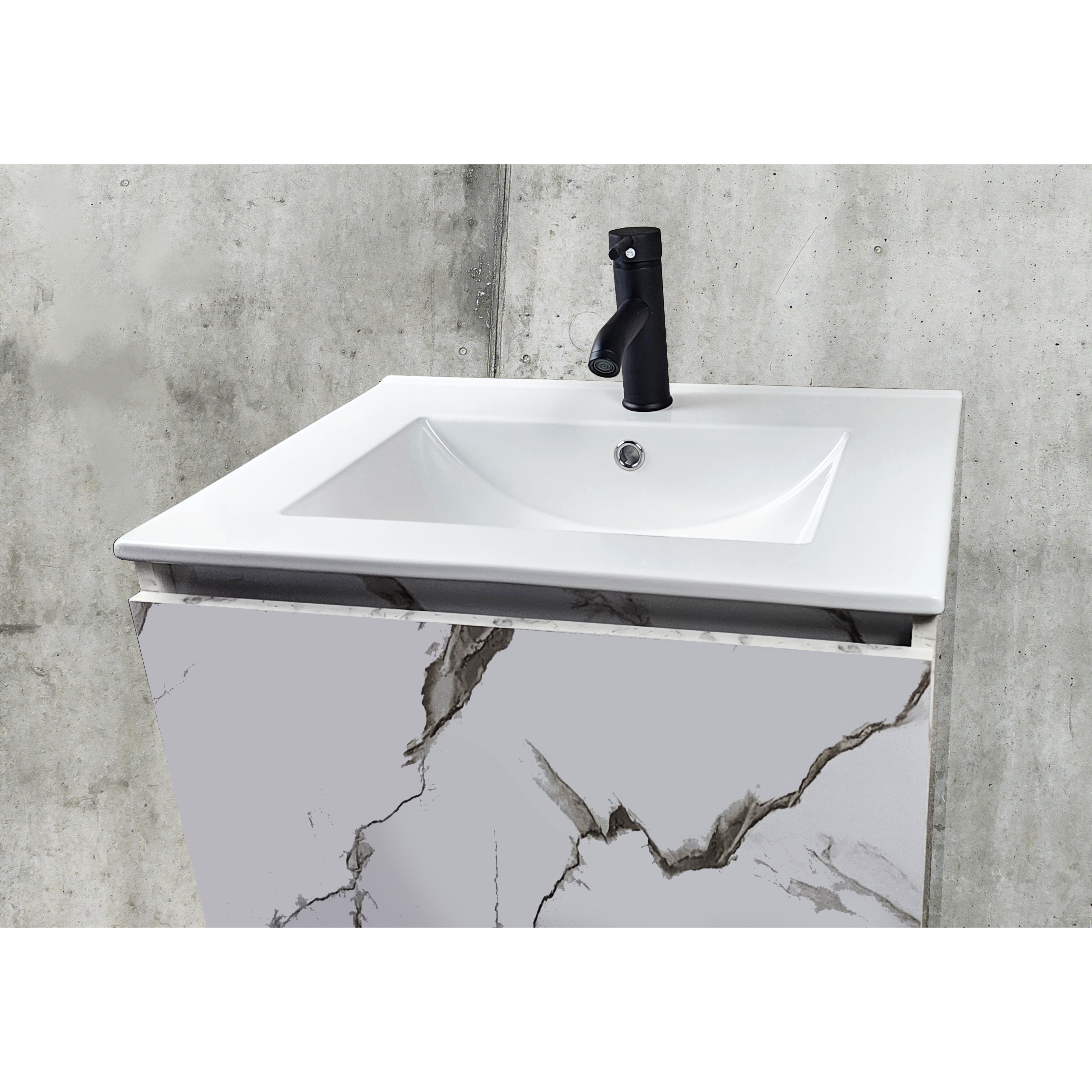 Esatto® Mueble de baño Buna color Mármol Blanco con lavabo cerámico llave negra desagües listo para instalar