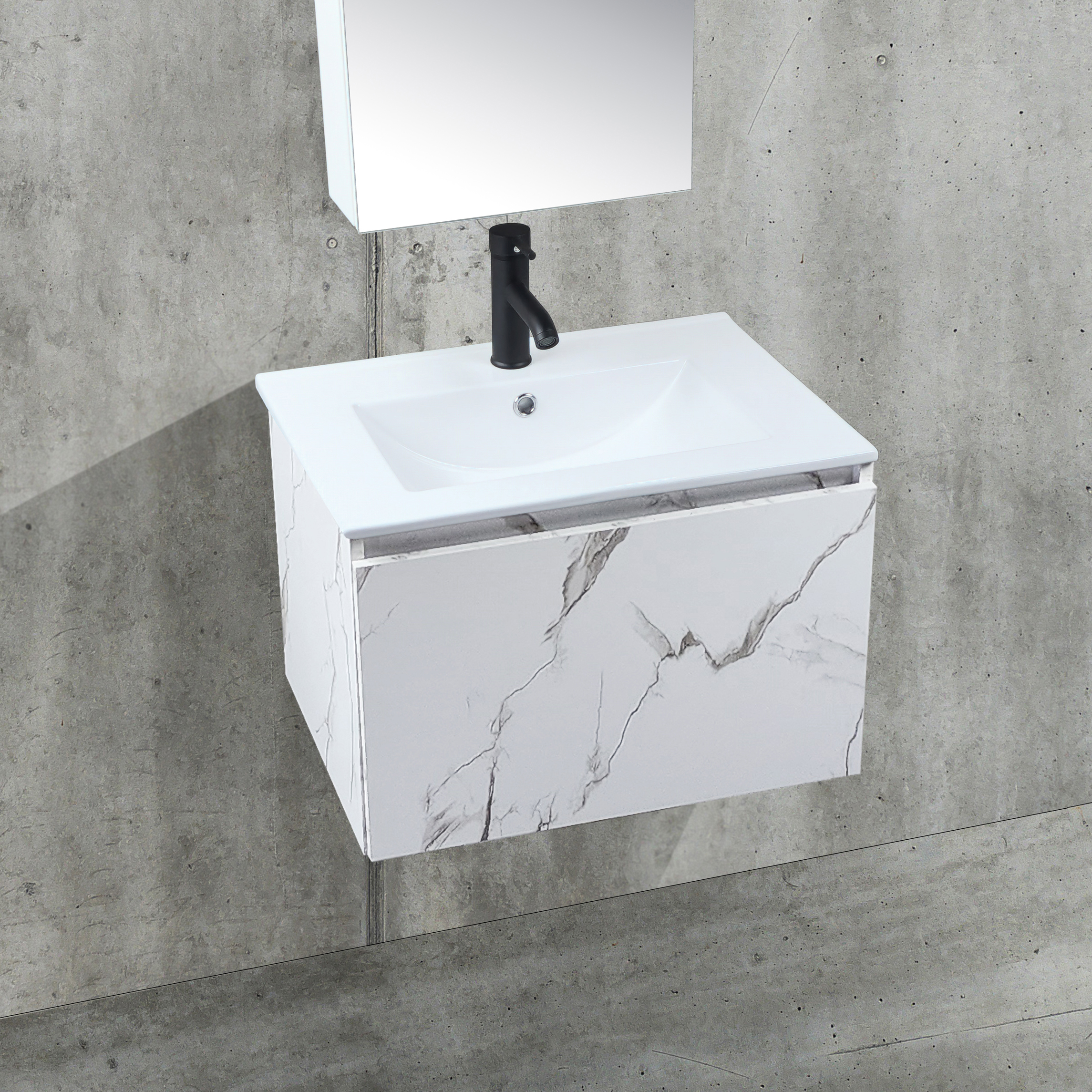 Esatto® Mueble de baño Buna color Mármol Blanco con lavabo cerámico llave negra desagües listo para instalar