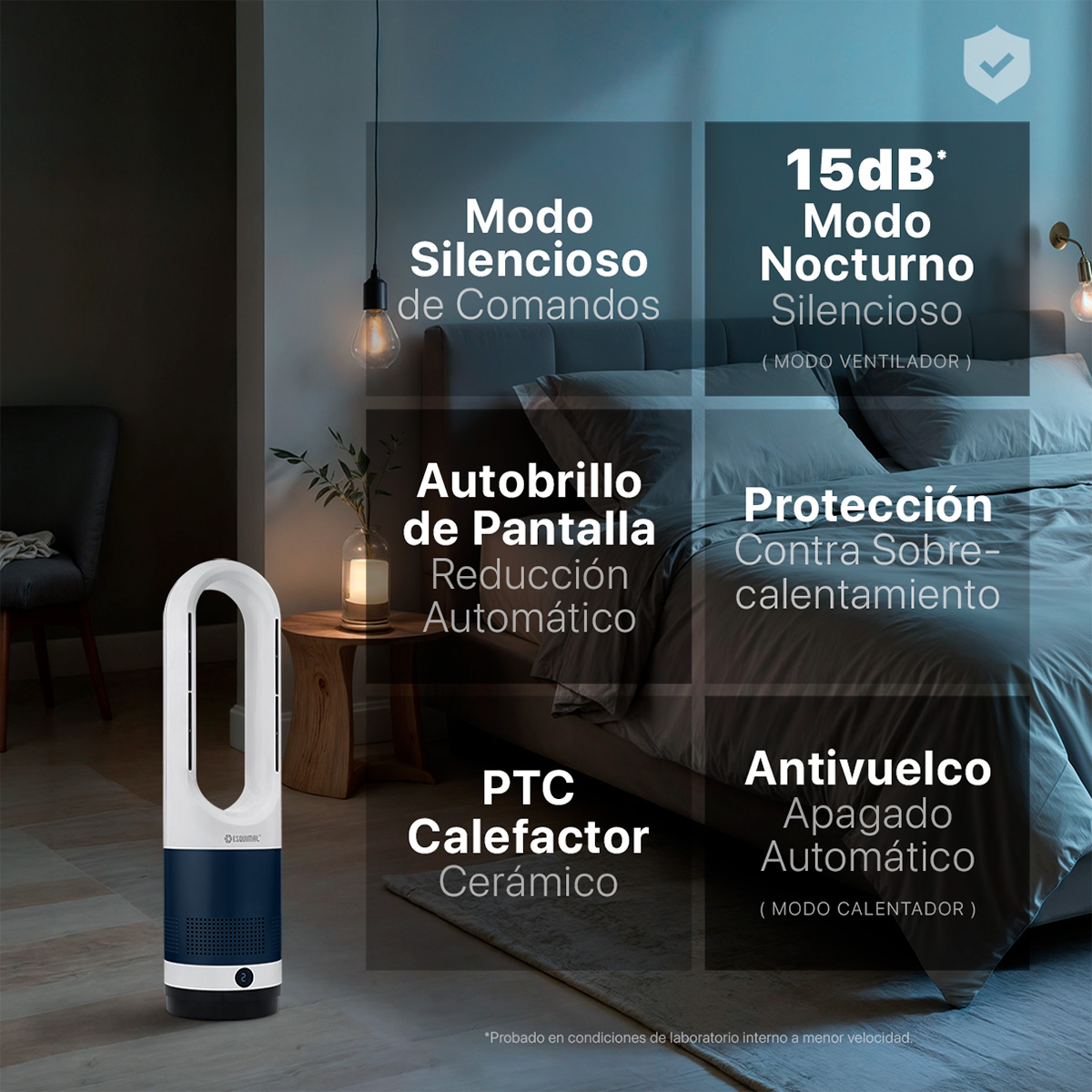 Ventilador Calentador sin Aspas 2 en 1, Silencioso, Portátil, Oscilación 80° con Temporizador y Control remoto – Azul / Blanco ESQUIMAL