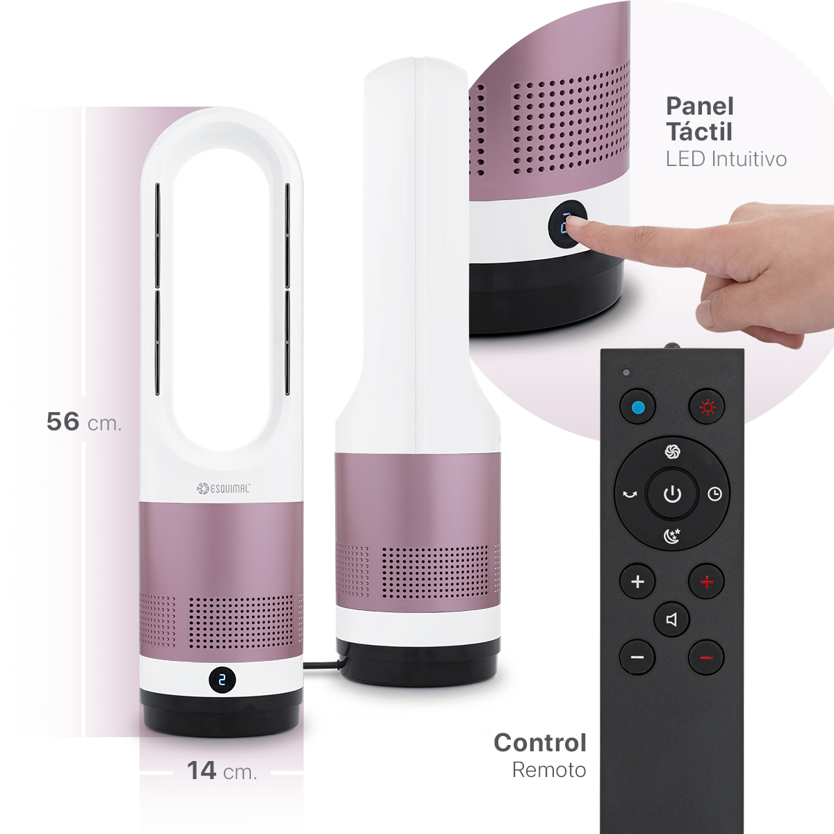 Ventilador Calentador sin Aspas 2 en 1, Silencioso, Portátil, Oscilación 80° con Temporizador y Control remoto – Rosa / Blanco ESQUIMAL