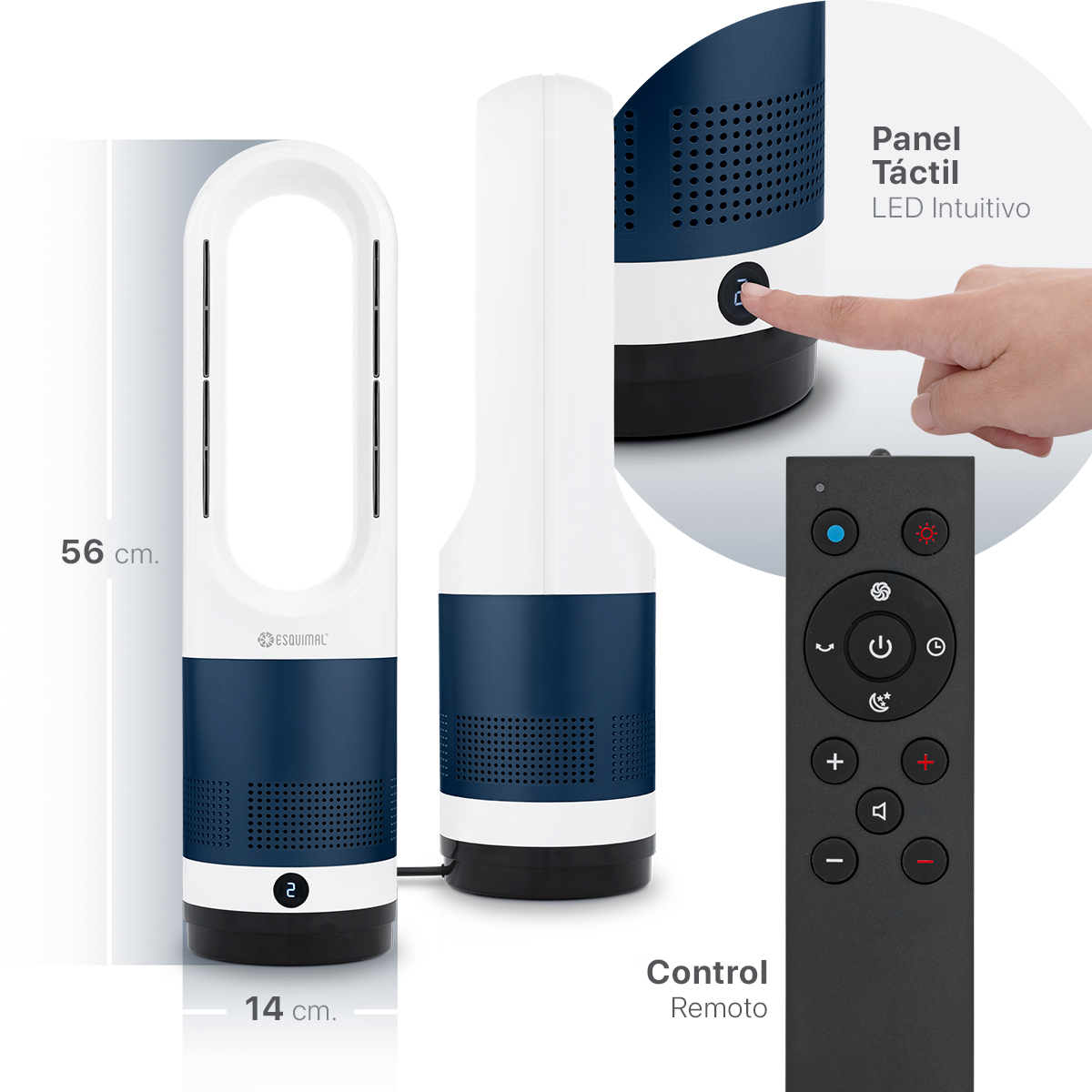 Ventilador Calentador sin Aspas 2 en 1, Silencioso, Portátil, Oscilación 80° con Temporizador y Control remoto – Azul / Blanco ESQUIMAL