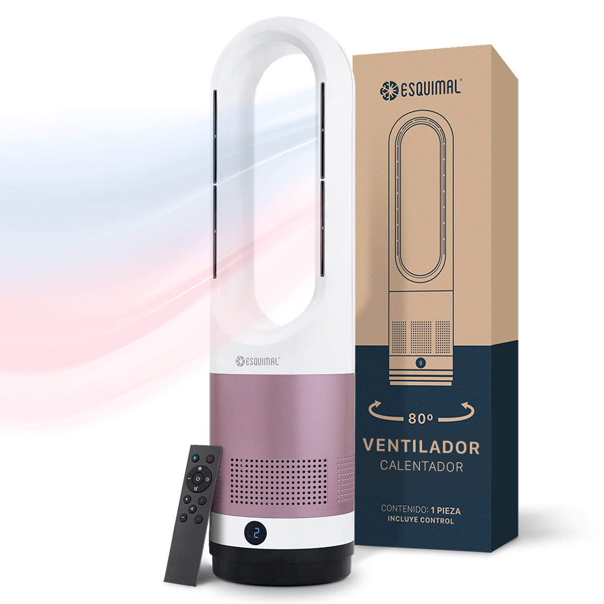 Ventilador Calentador sin Aspas 2 en 1, Silencioso, Portátil, Oscilación 80° con Temporizador y Control remoto – Rosa / Blanco ESQUIMAL