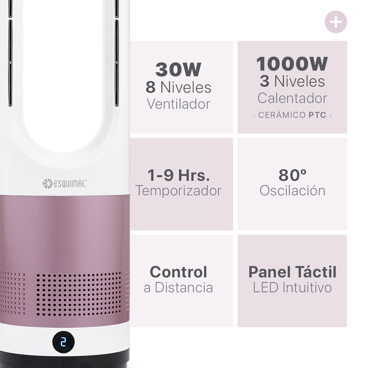 Ventilador Calentador sin Aspas 2 en 1, Silencioso, Portátil, Oscilación 80° con Temporizador y Control remoto – Rosa / Blanco ESQUIMAL