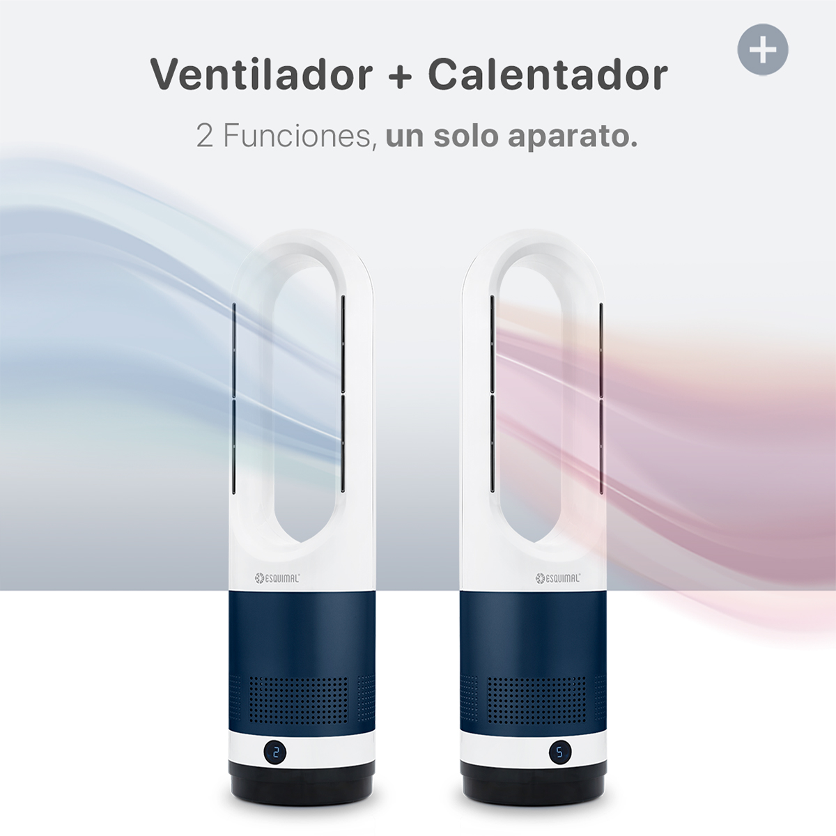 Ventilador Calentador sin Aspas 2 en 1, Silencioso, Portátil, Oscilación 80° con Temporizador y Control remoto – Azul / Blanco ESQUIMAL