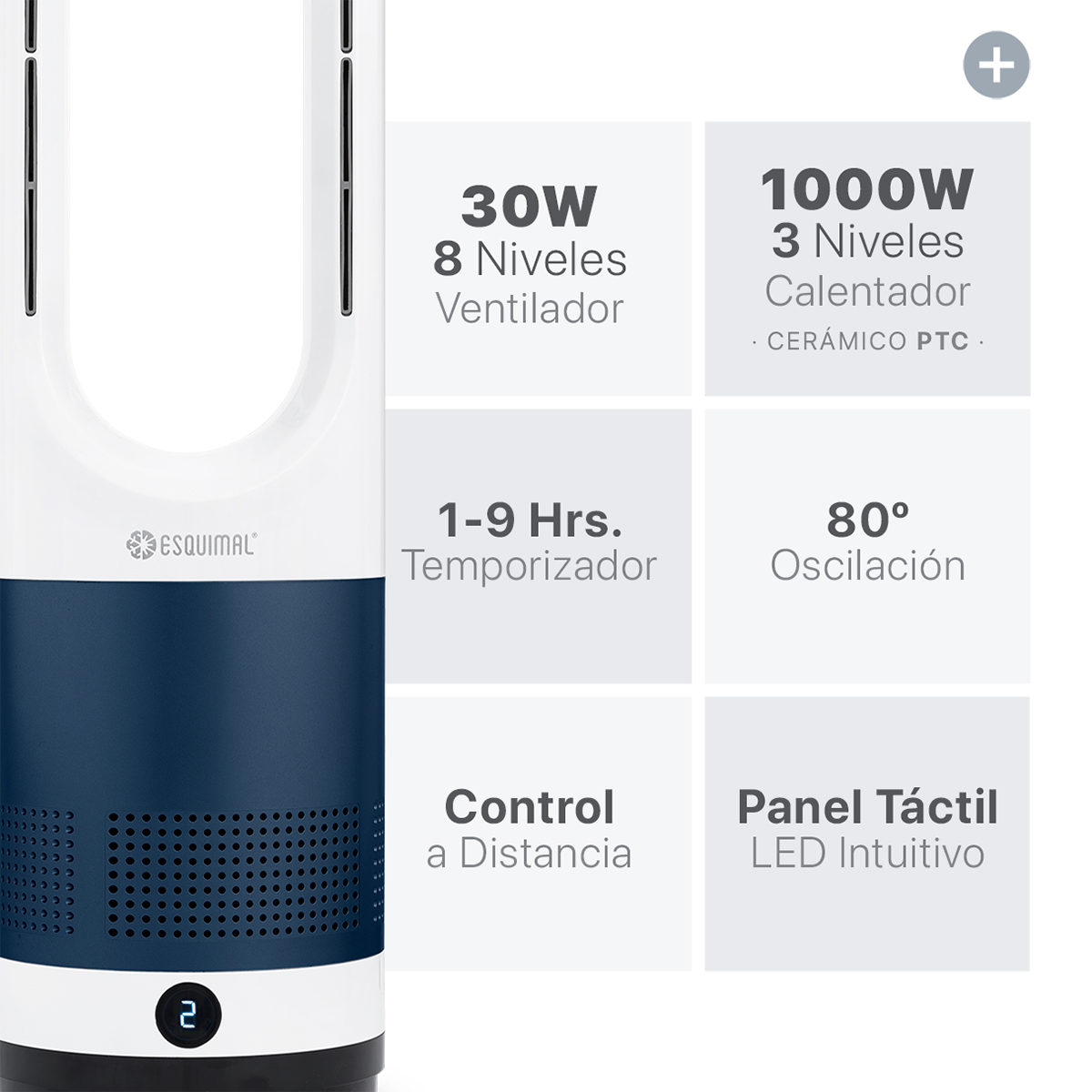 Ventilador Calentador sin Aspas 2 en 1, Silencioso, Portátil, Oscilación 80° con Temporizador y Control remoto – Azul / Blanco ESQUIMAL