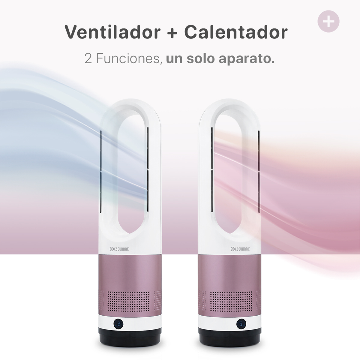 Ventilador Calentador sin Aspas 2 en 1, Silencioso, Portátil, Oscilación 80° con Temporizador y Control remoto – Rosa / Blanco ESQUIMAL