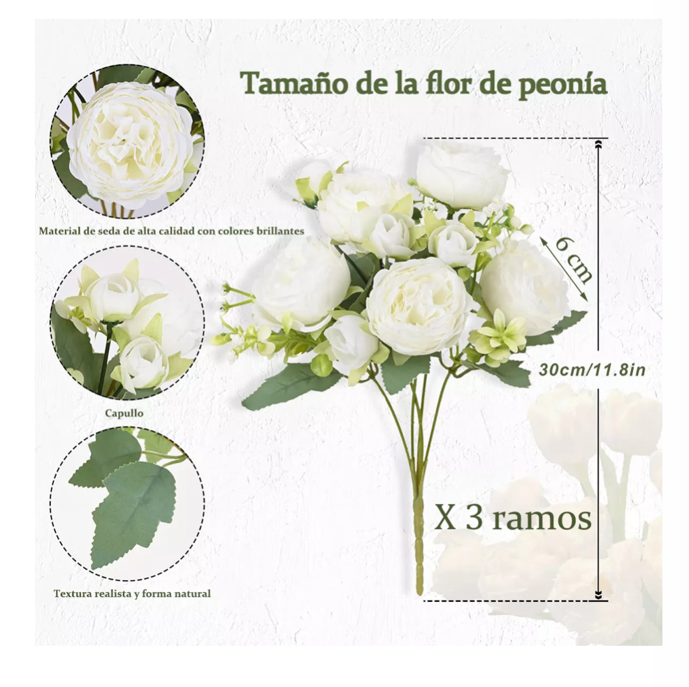 Flores Peonias Artificiales Rama Decorativa Ramos De Blancas