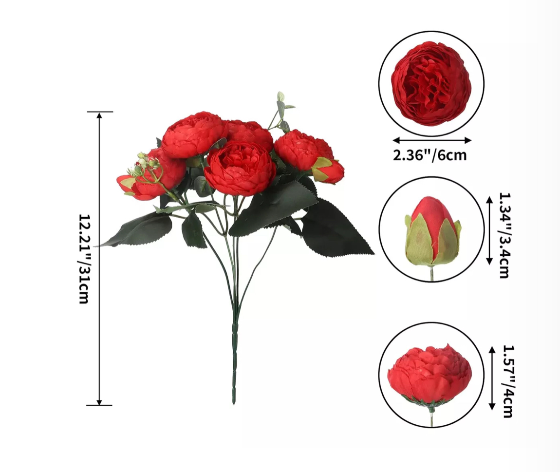 3 Ramos De Peonias Flores Artificiales Rojas