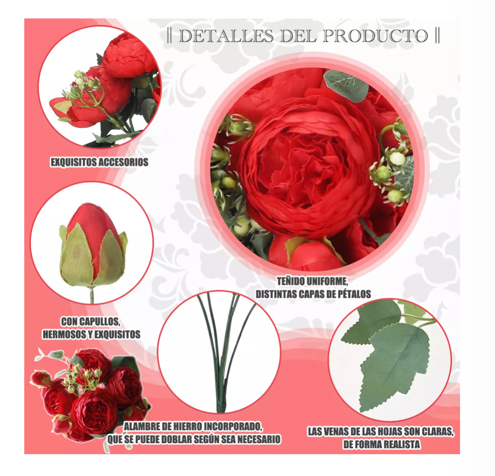 3 Ramos De Peonias Flores Artificiales Rojas