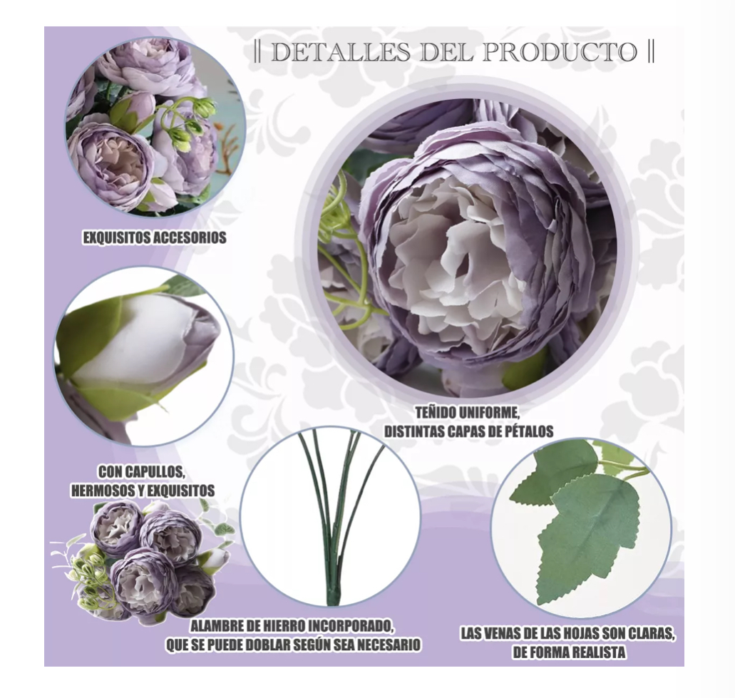 3 Ramos De Peonias Flores Artificiales Moradas