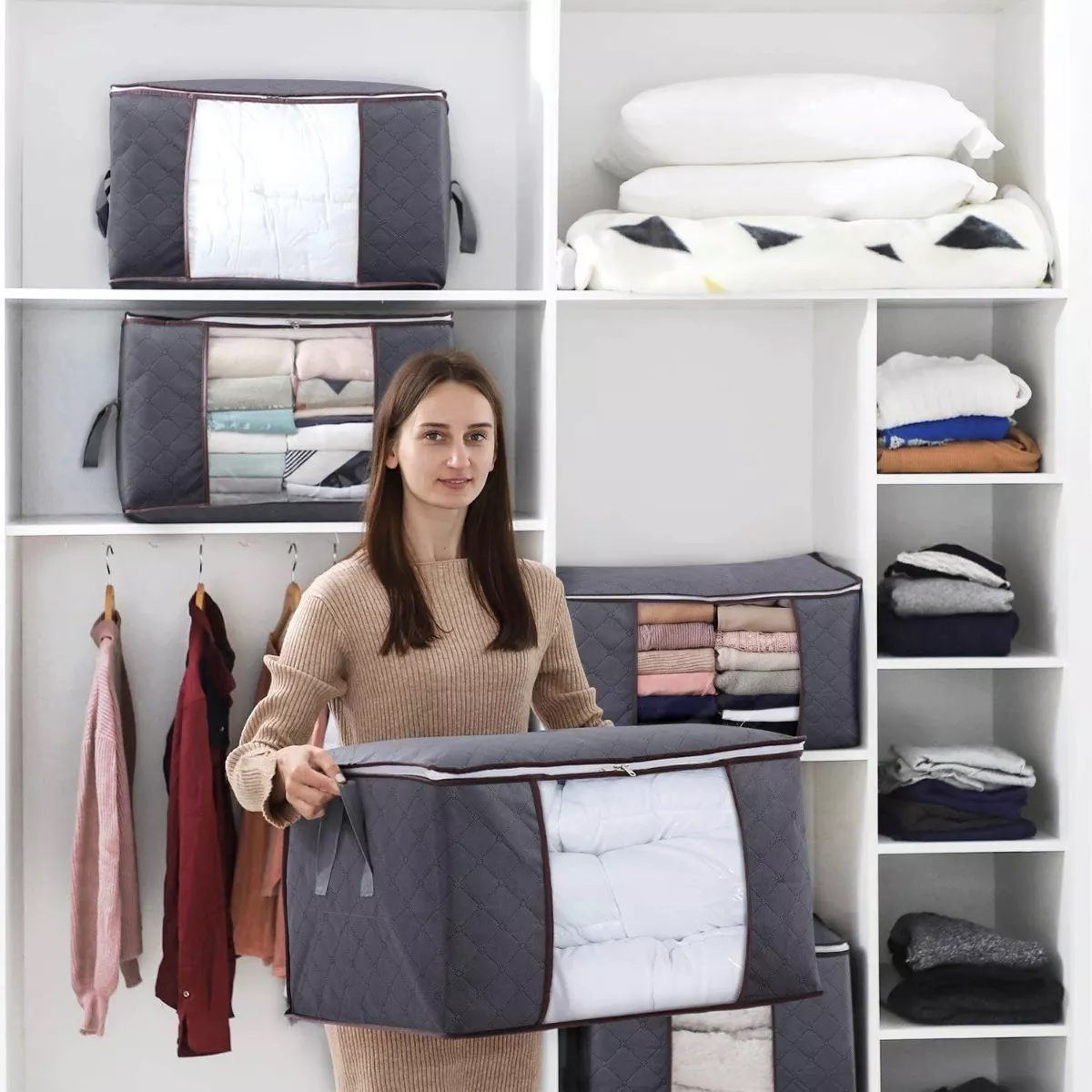 3 Unidades Organizador De Bolsas De Almacenamiento De Ropa Gris Oscuro
