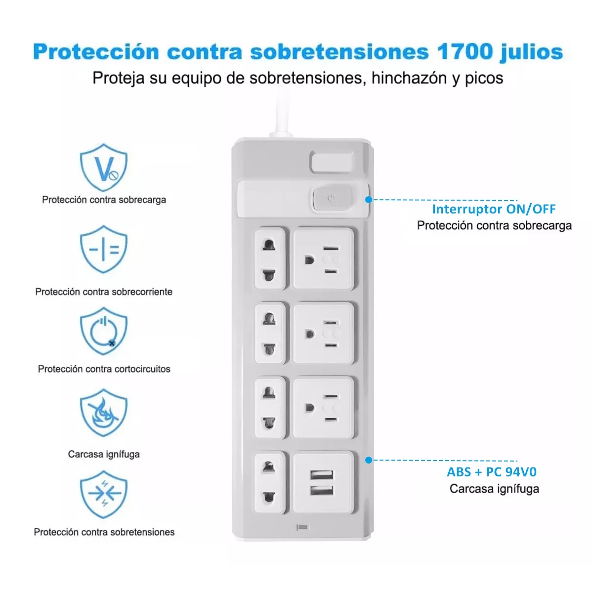 Regleta Multicontactos De 7 Salidas Tomas 2 Puertos Usb 2m