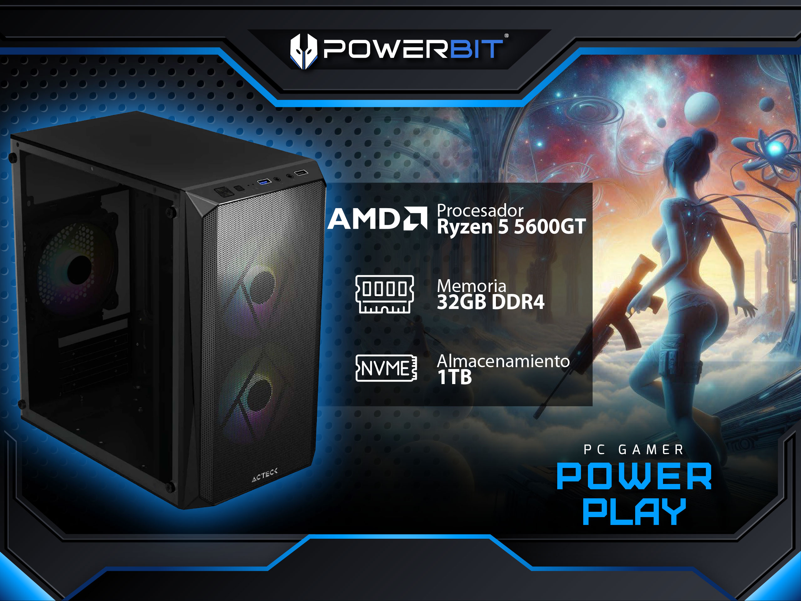 PC Gamer Powerbit Power Play: Procesador AMD Ryzen 5 5600GT, RAM 32GB DDR4, SSD 1TB, W11H (Versión de Prueba).